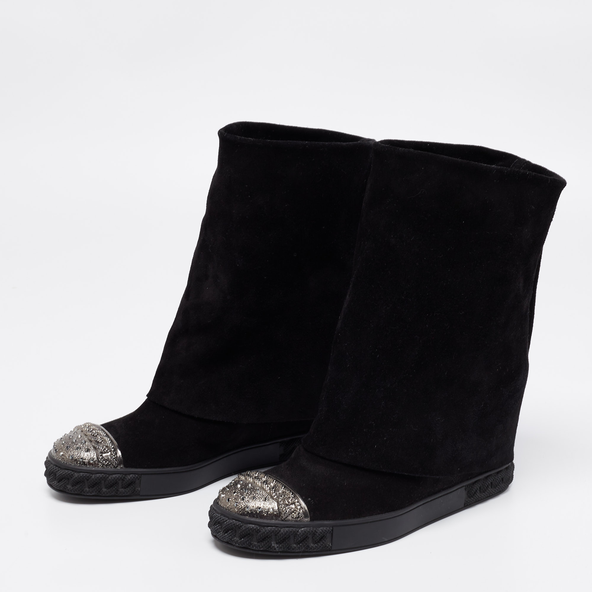 

Casadei Black Suede Embellished Metal Cap Toe Fold-Over Wedge Boots Size