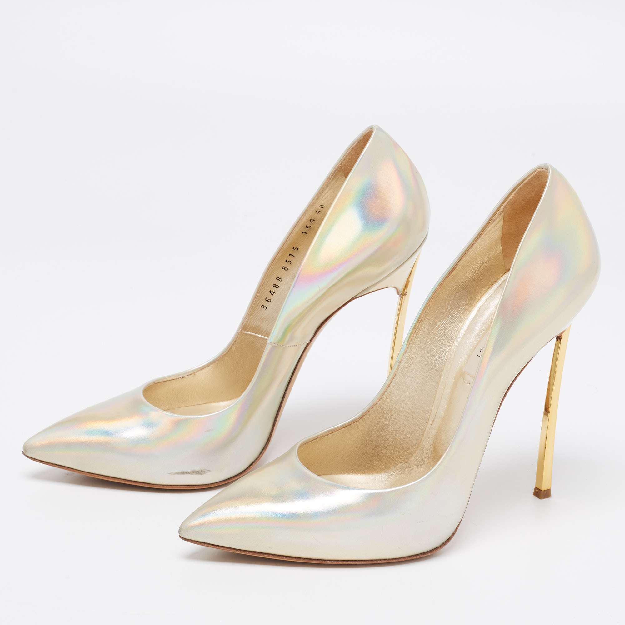 

Casadei Metallic Holographic Patent Leather Blade Pointed Toe Pumps Size