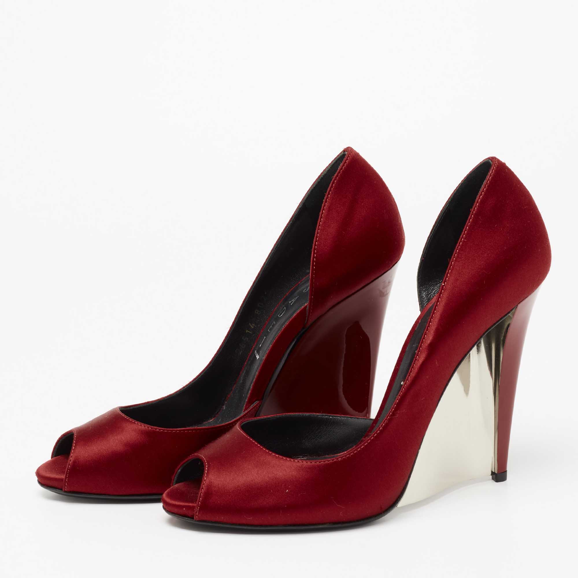 

Casadei Red Satin Peep Toe Wedge Pumps Size