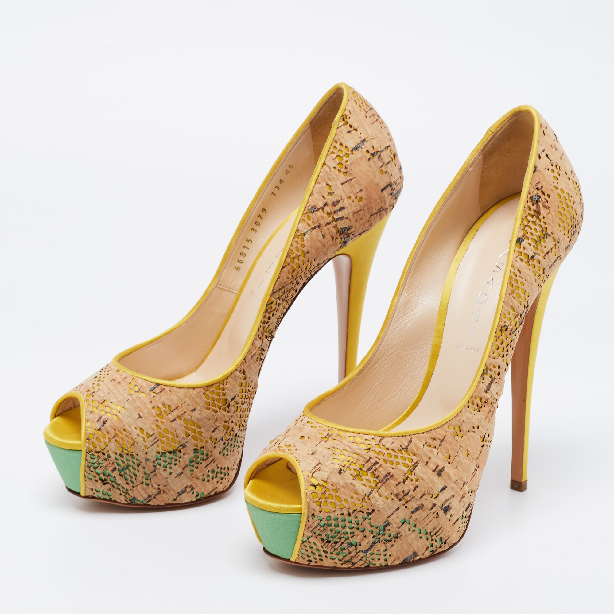 

Casadei Tricolor Satin And Cork Lace Peep Toe Platform Pumps Size, Brown