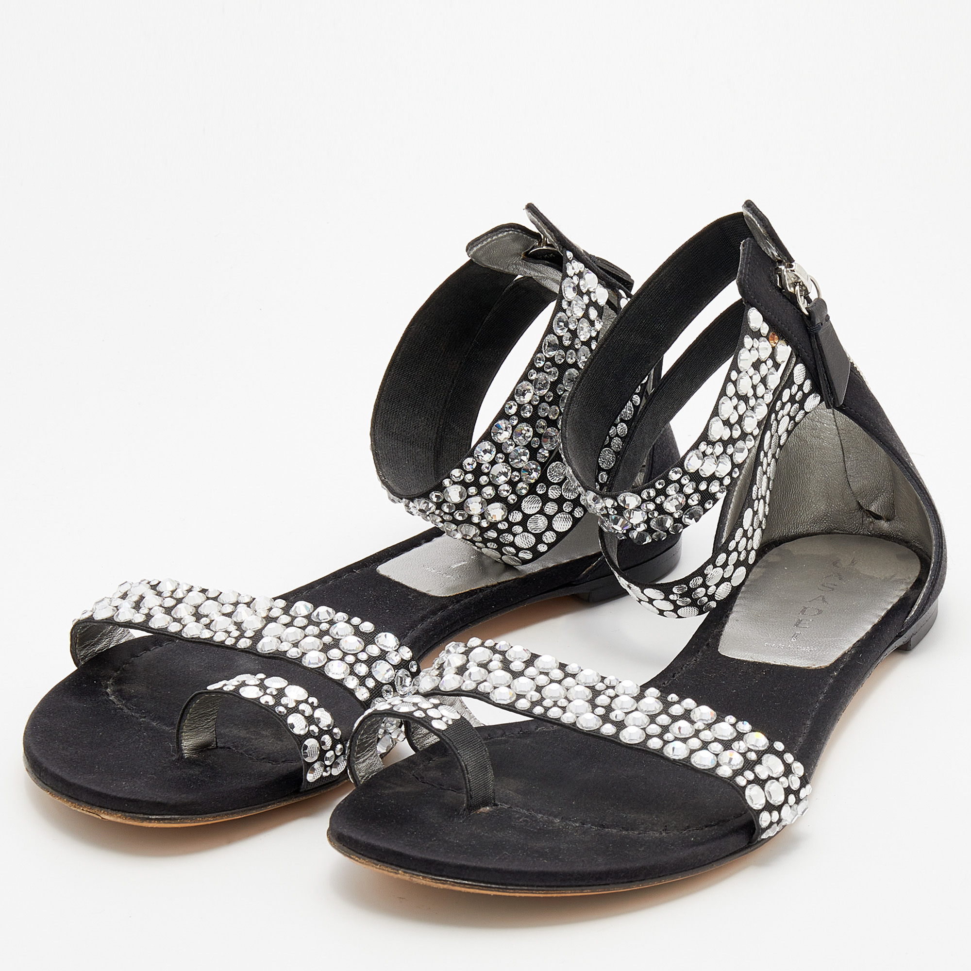 

Casadei Black Embellished Fabric And Satin Ankle Cuff Flat Sandals Size