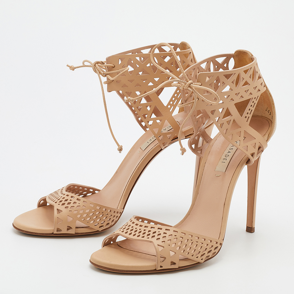 

Casadei Beige Laser Cut Leather Ankle Tie Sandals Size