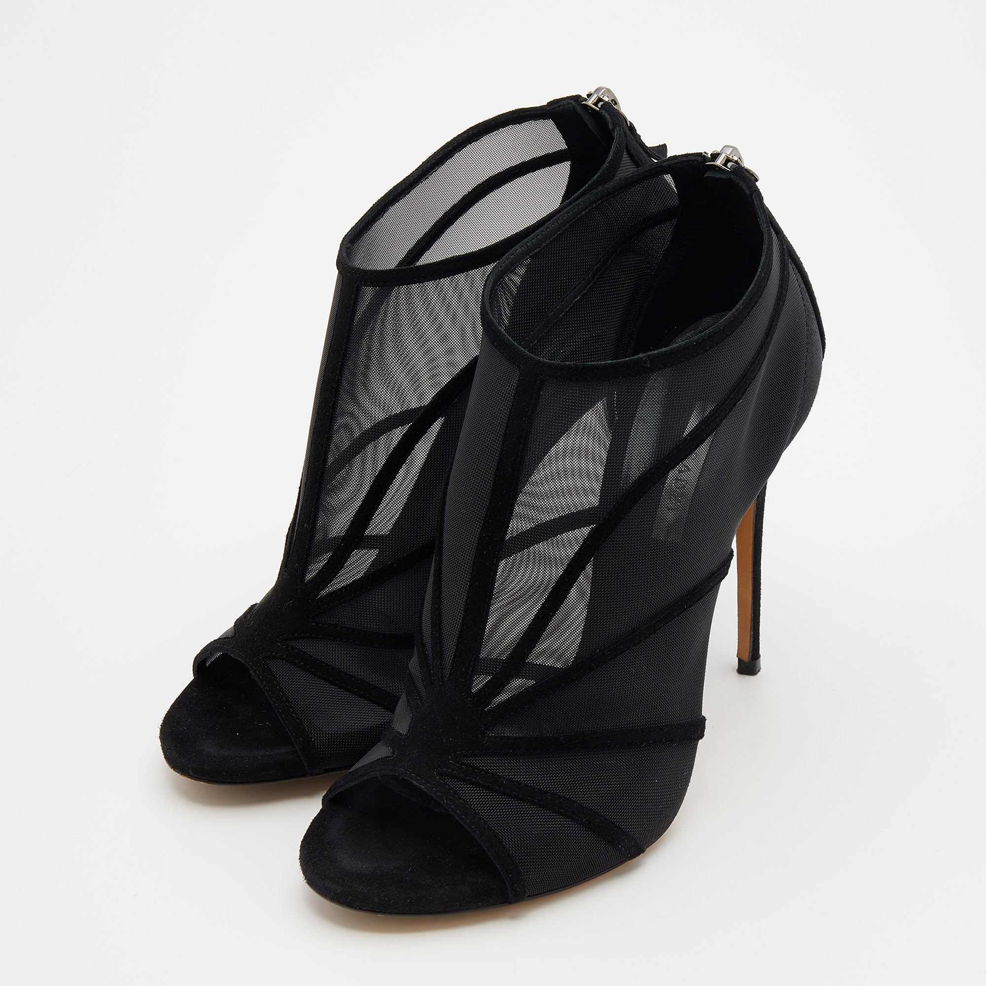 

Casadei Black Suede And Mesh Open-Toe Ankle Booties Size