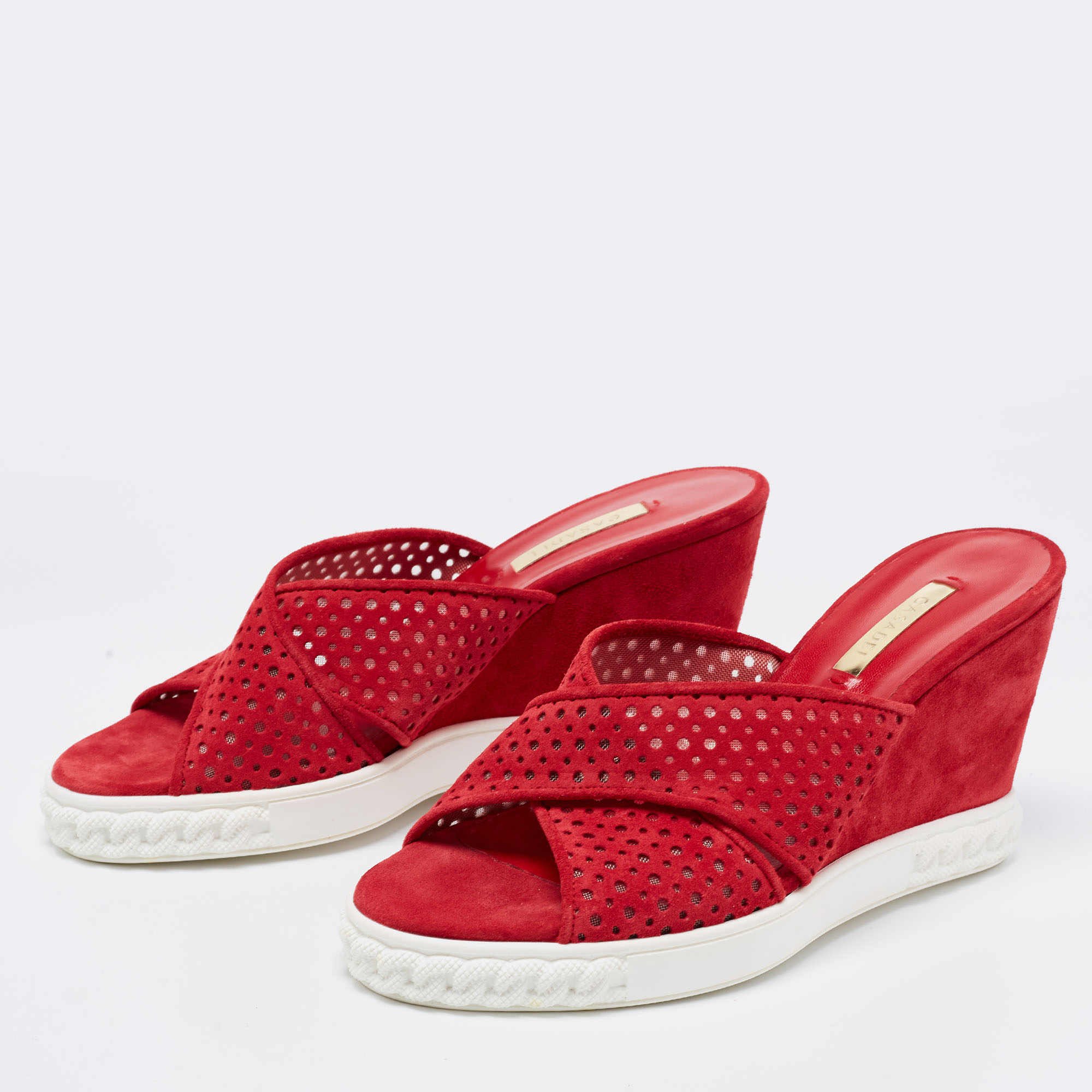 

Casadei Red Perforated Suede Criss Cross Wedge Sandals Size