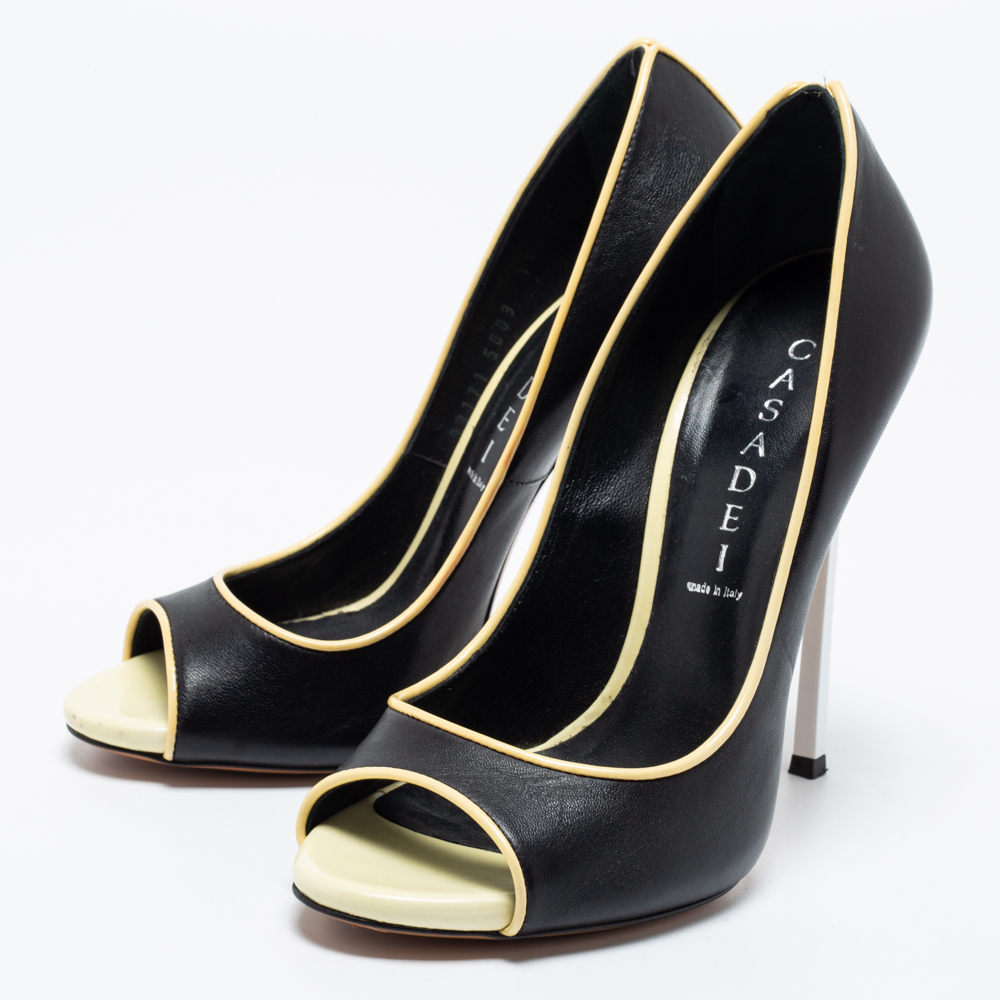 

Casadei Black/Light Yellow Leather Open-Toe Pumps Size