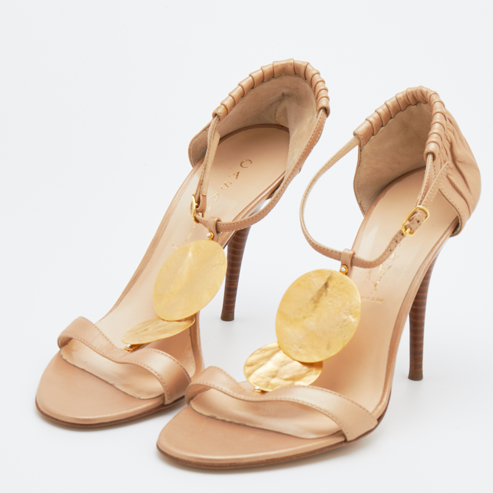 

Casadei Metallic Beige Leather Ankle Strap Sandals Size