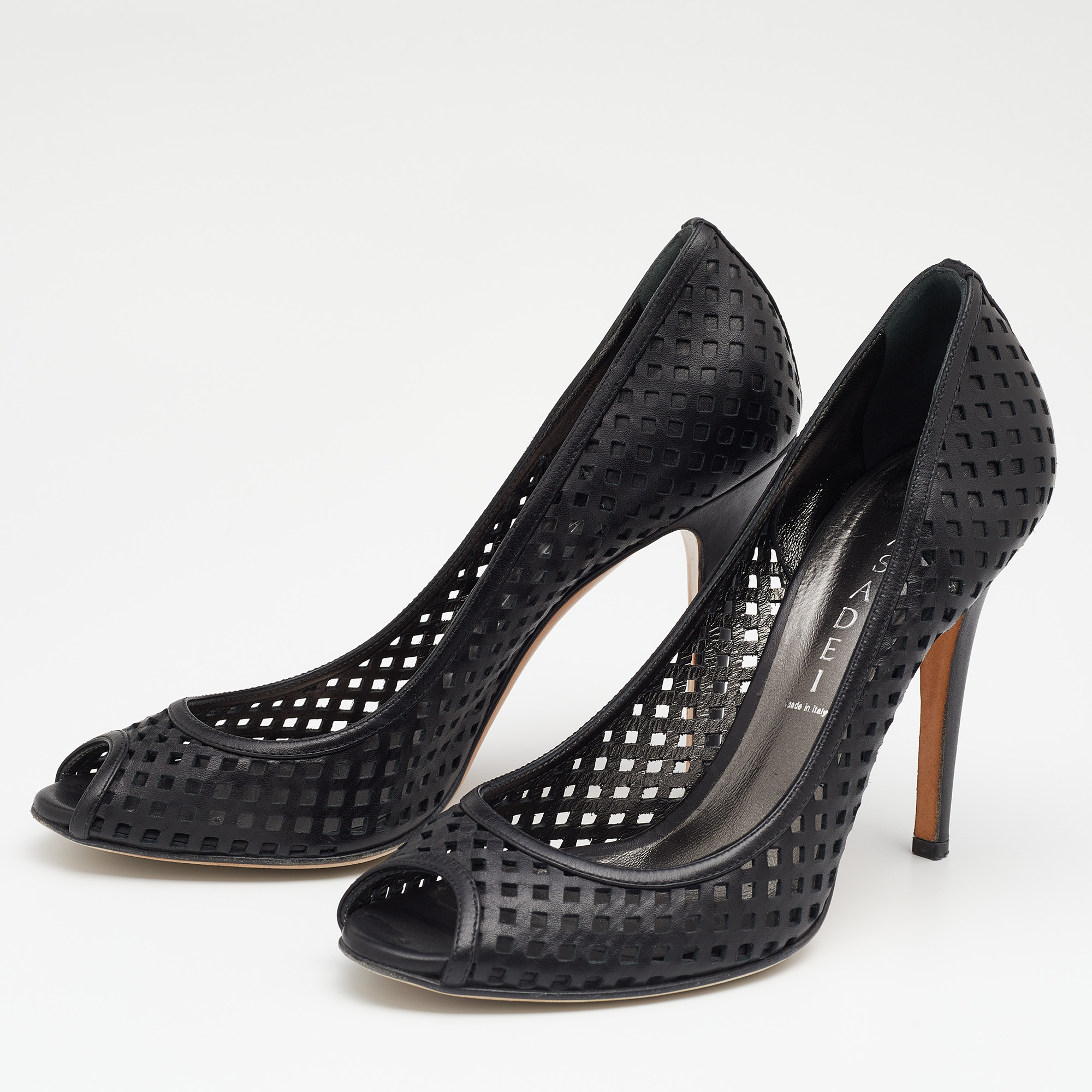 

Casadei Black Laser Cut Leather Peep Toe Pumps Size
