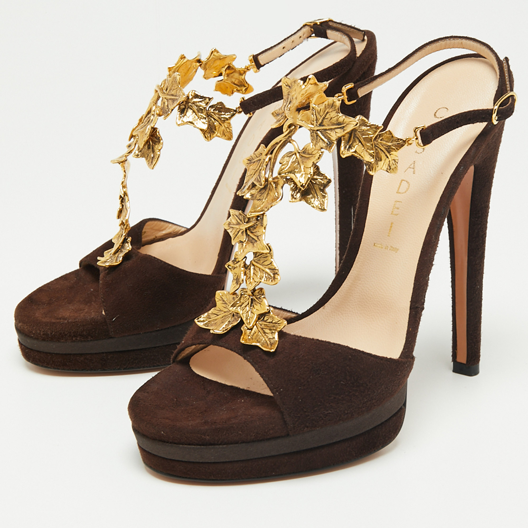 

Casadei Brown/Gold Suede And Metal Leaves Embellished T-Strap Platform Sandals Size