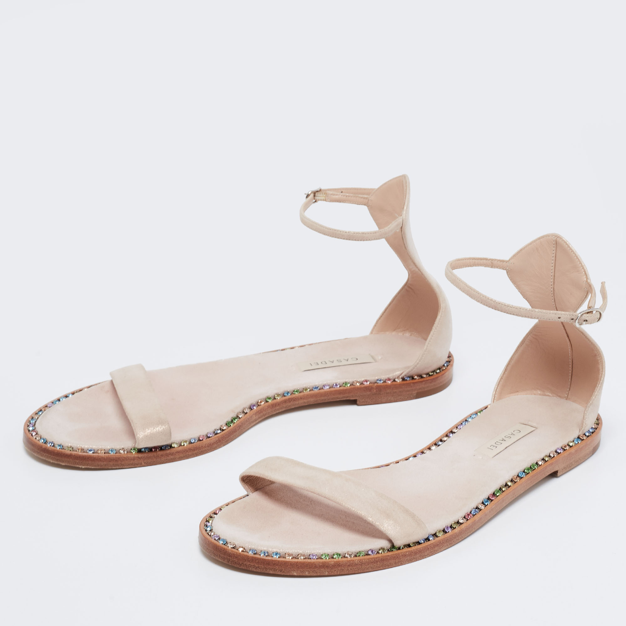 

Casadei Pale Pink Glitter Suede Crystal Embellished Ankle-Strap Flat Sandals Size