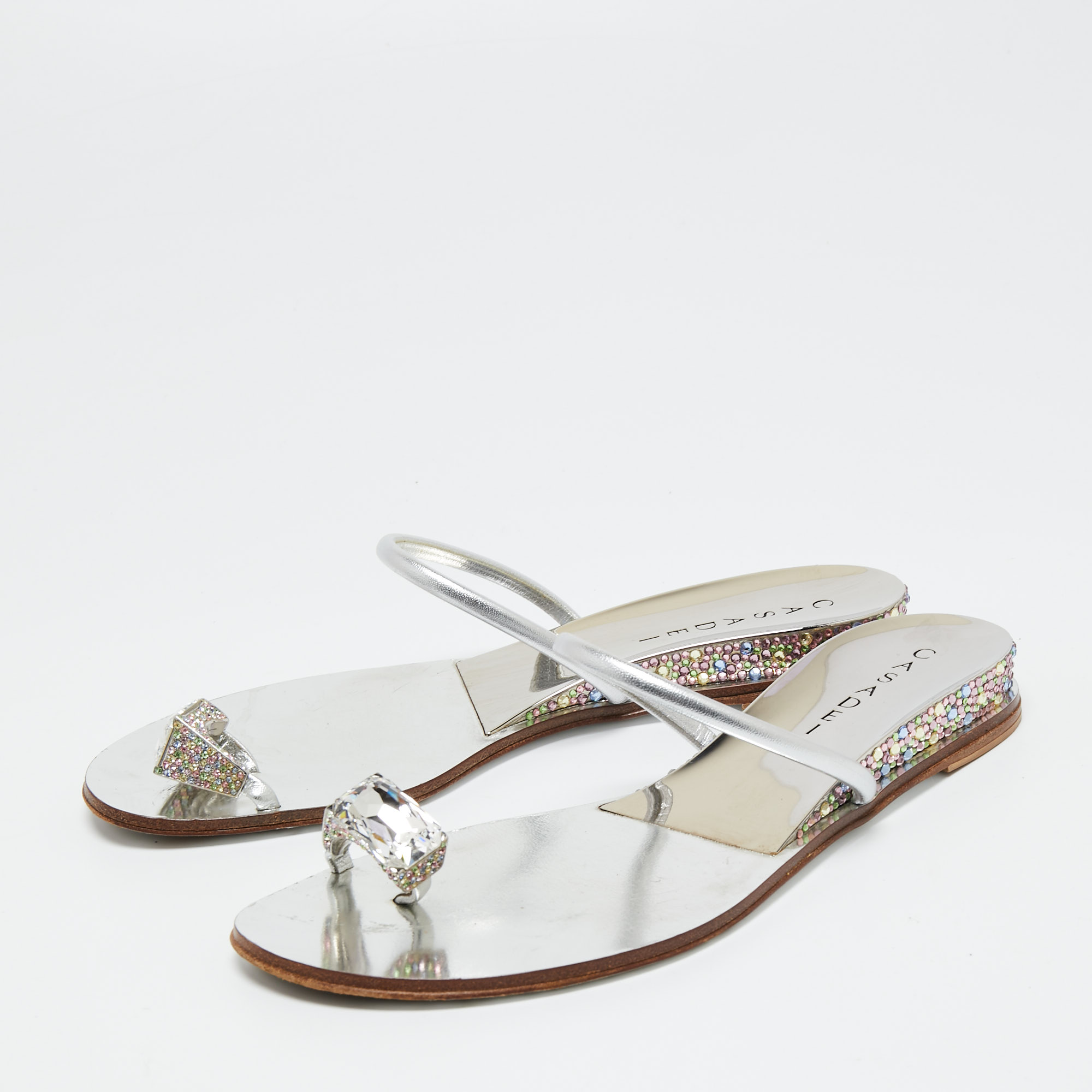 

Casadei Silver Leather Crystal Embellished Ring Toe Flat Sandals Size