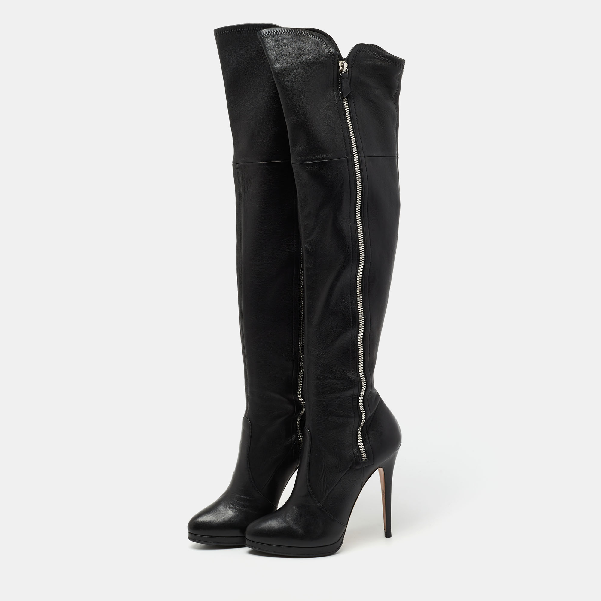 

Casadei Black Leather Knee Length Platform Boots Size