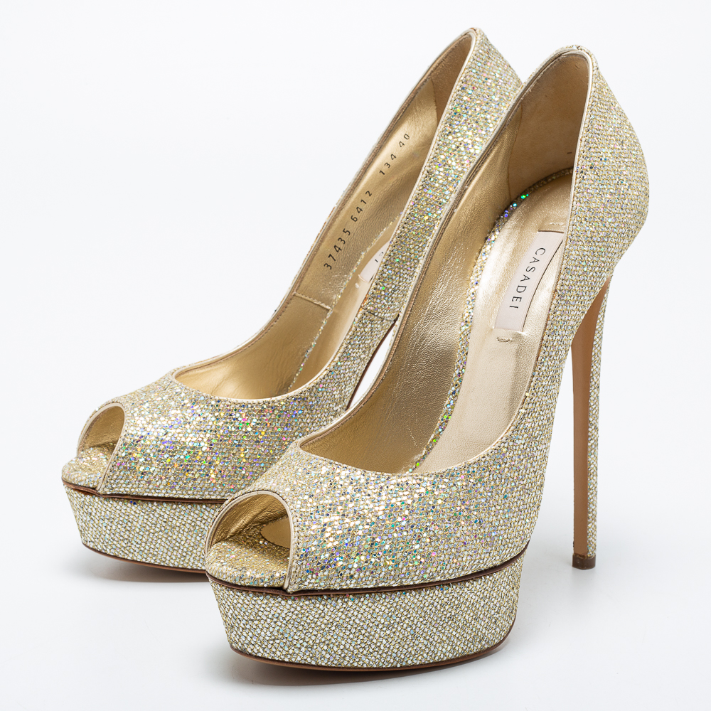 

Casadei Golden Glitter Peep Toe Platform Pumps Size, Gold