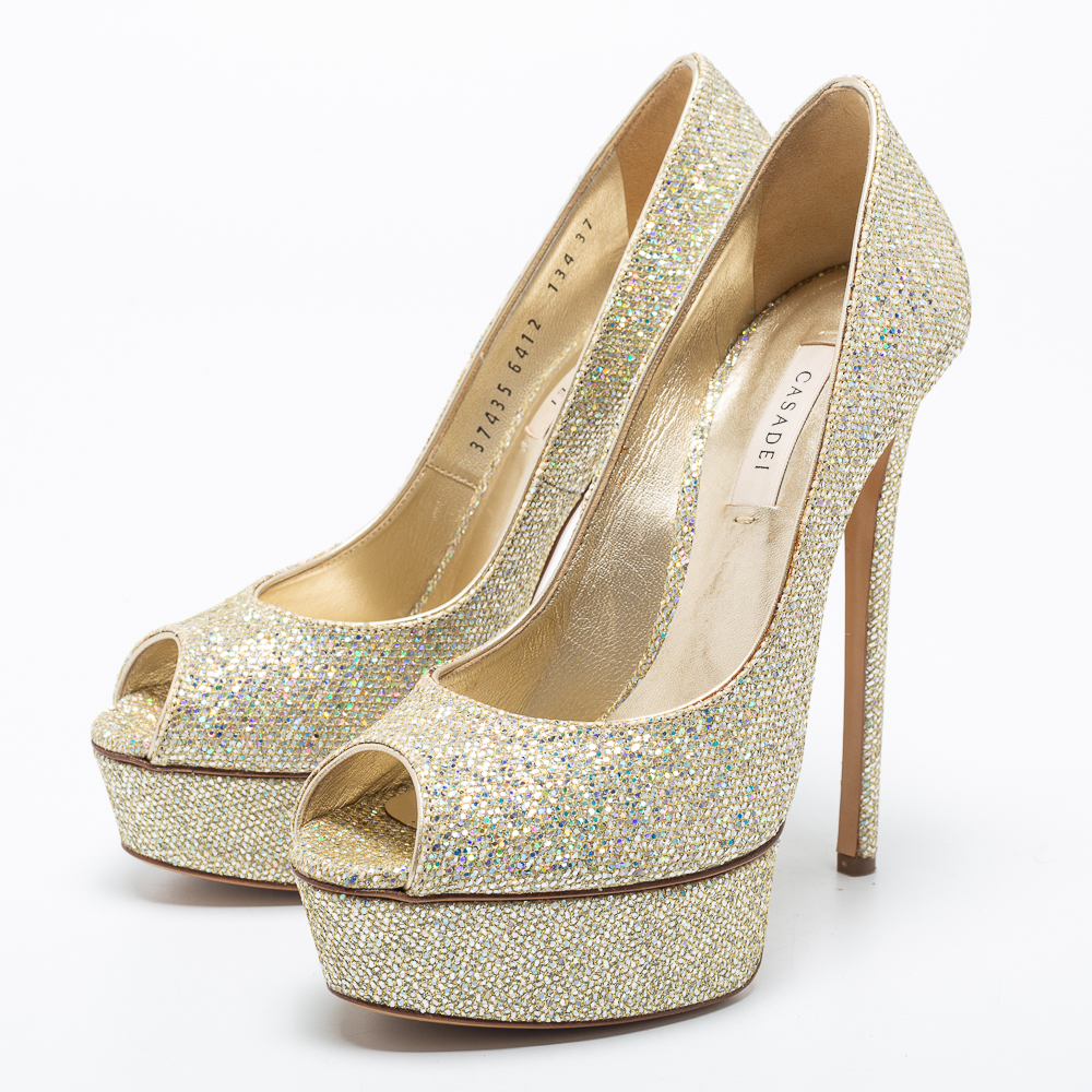 

Casadei Multicolor Glitter Peep Toe Platform Pumps Size