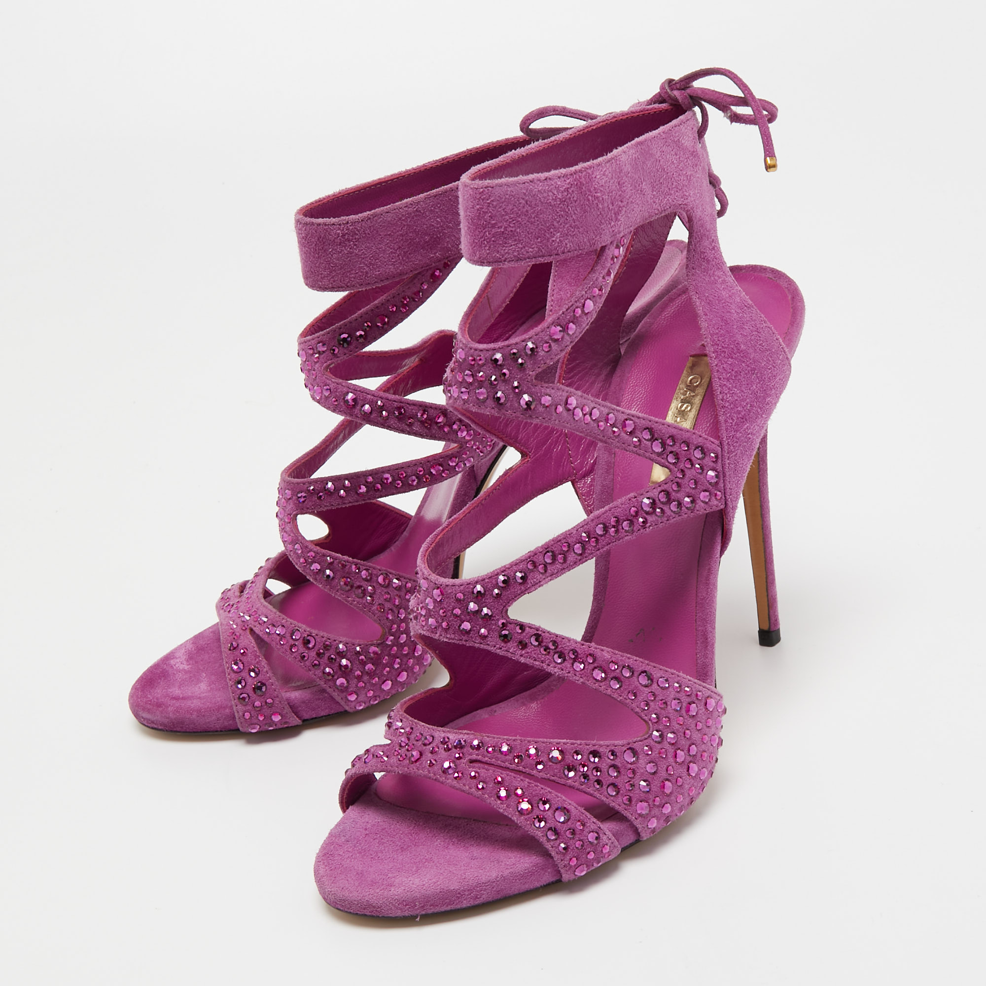 

Casadei Purple Suede Crystal Embellished Strappy Sandals Size