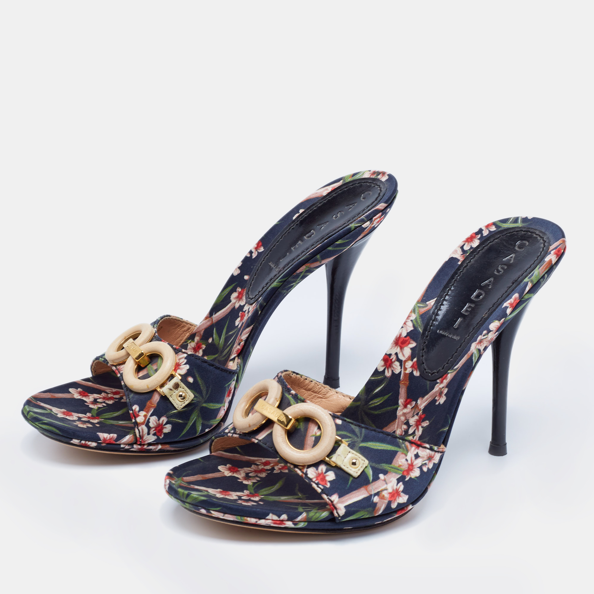 

Casadei Multicolor Fabric Flower Prints Open Toe Slide Size