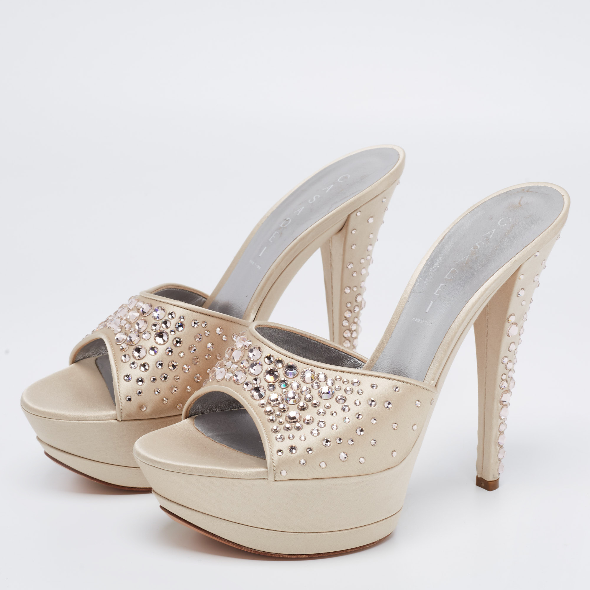 

Casadei Beige Satin Crystal Embellished Platform Slide Sandals Size