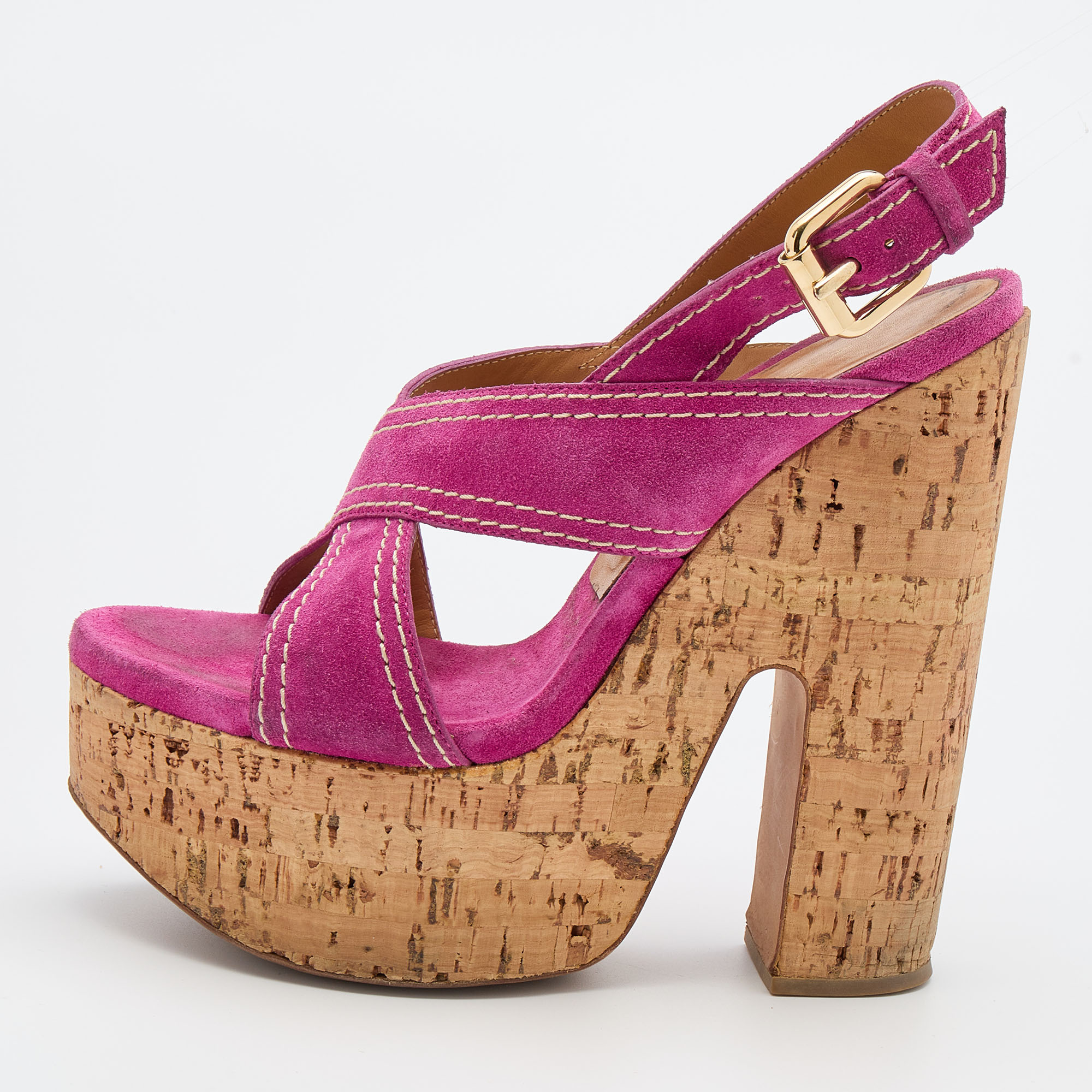 Pre-owned Casadei Pink Suede Cork Platform Block Heel Sandals Size 38
