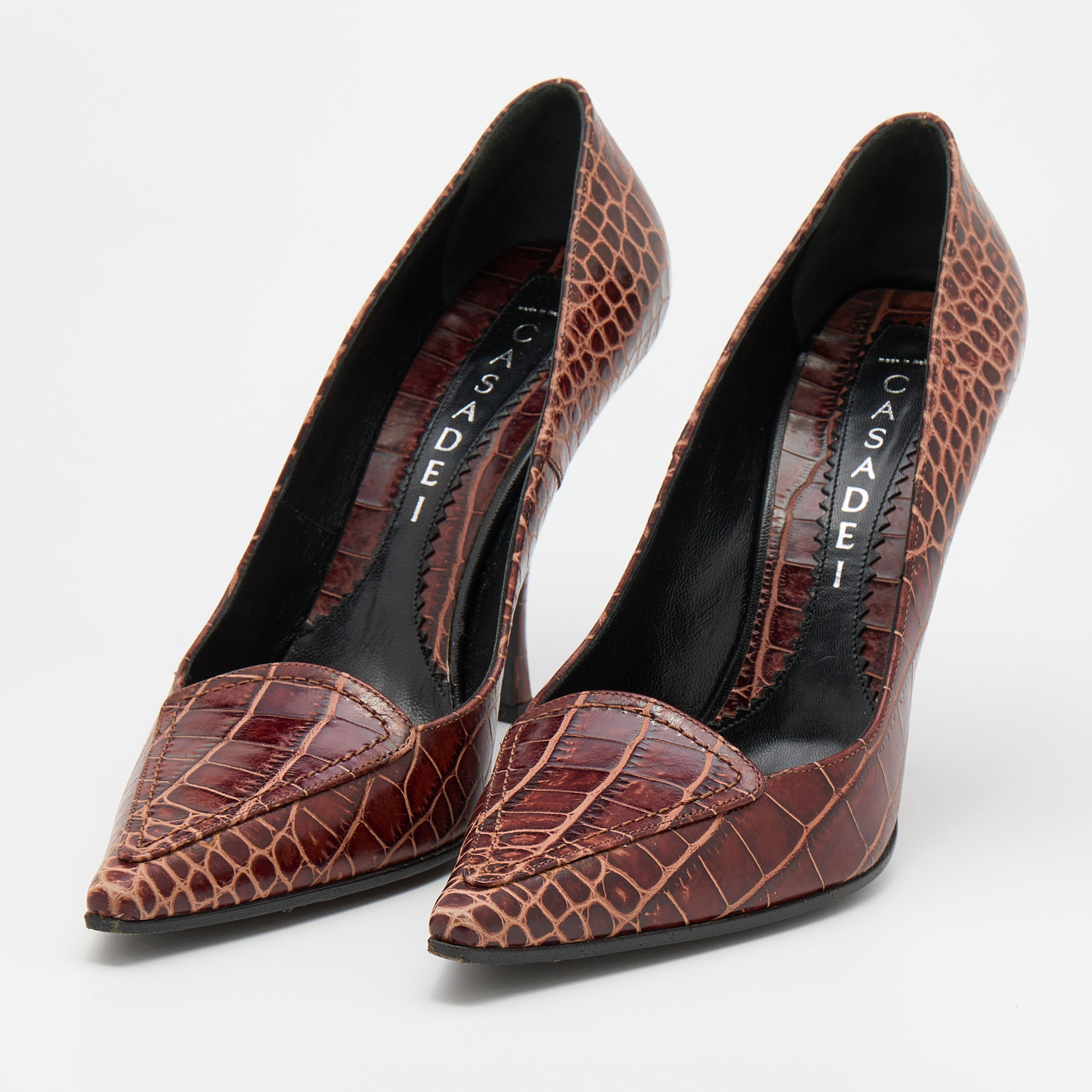 

Casadei Brown Croc Embossed Leather Pointed Toe Pumps Size