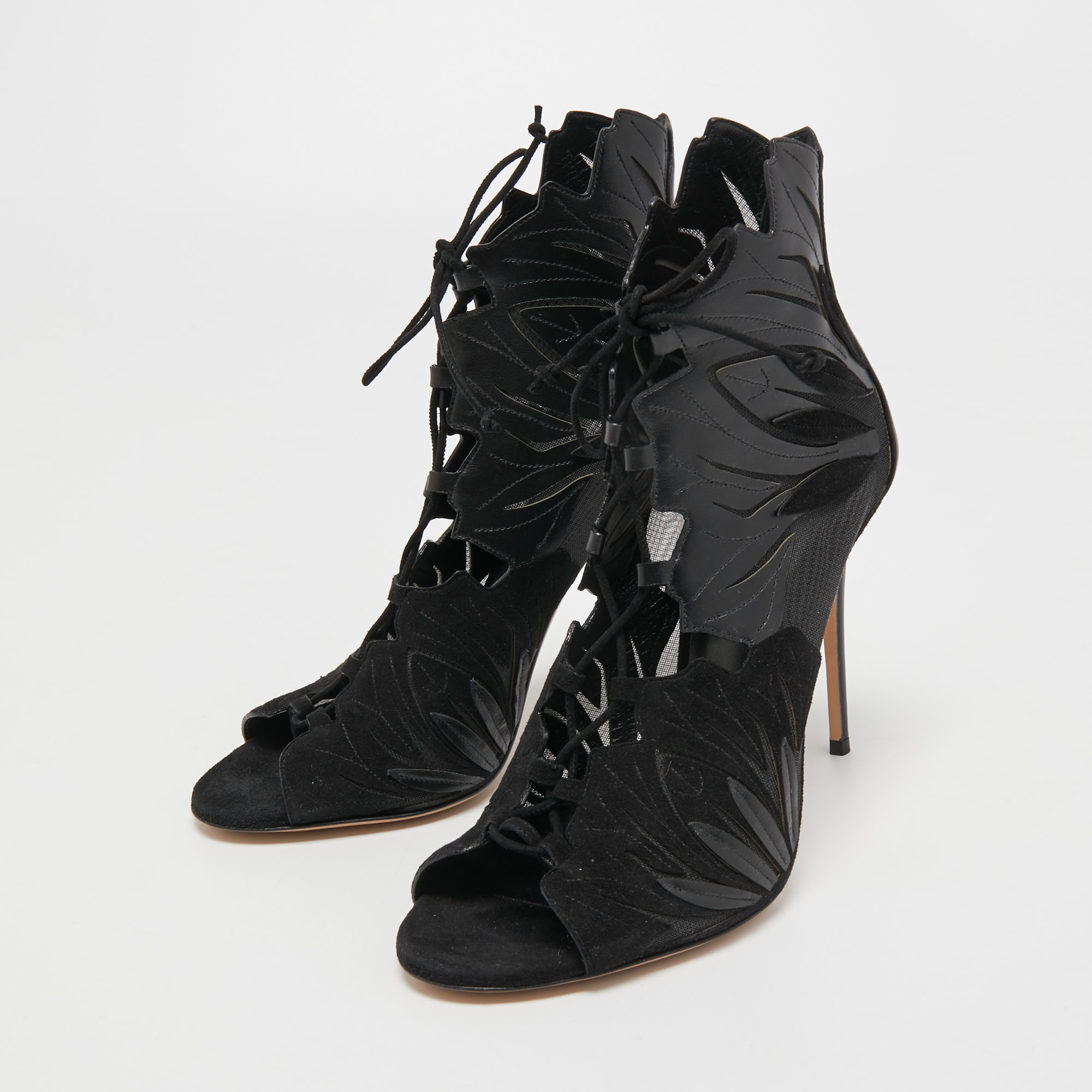 

Casadei Black Leather, Suede and Mesh Lace Up Sandals Size
