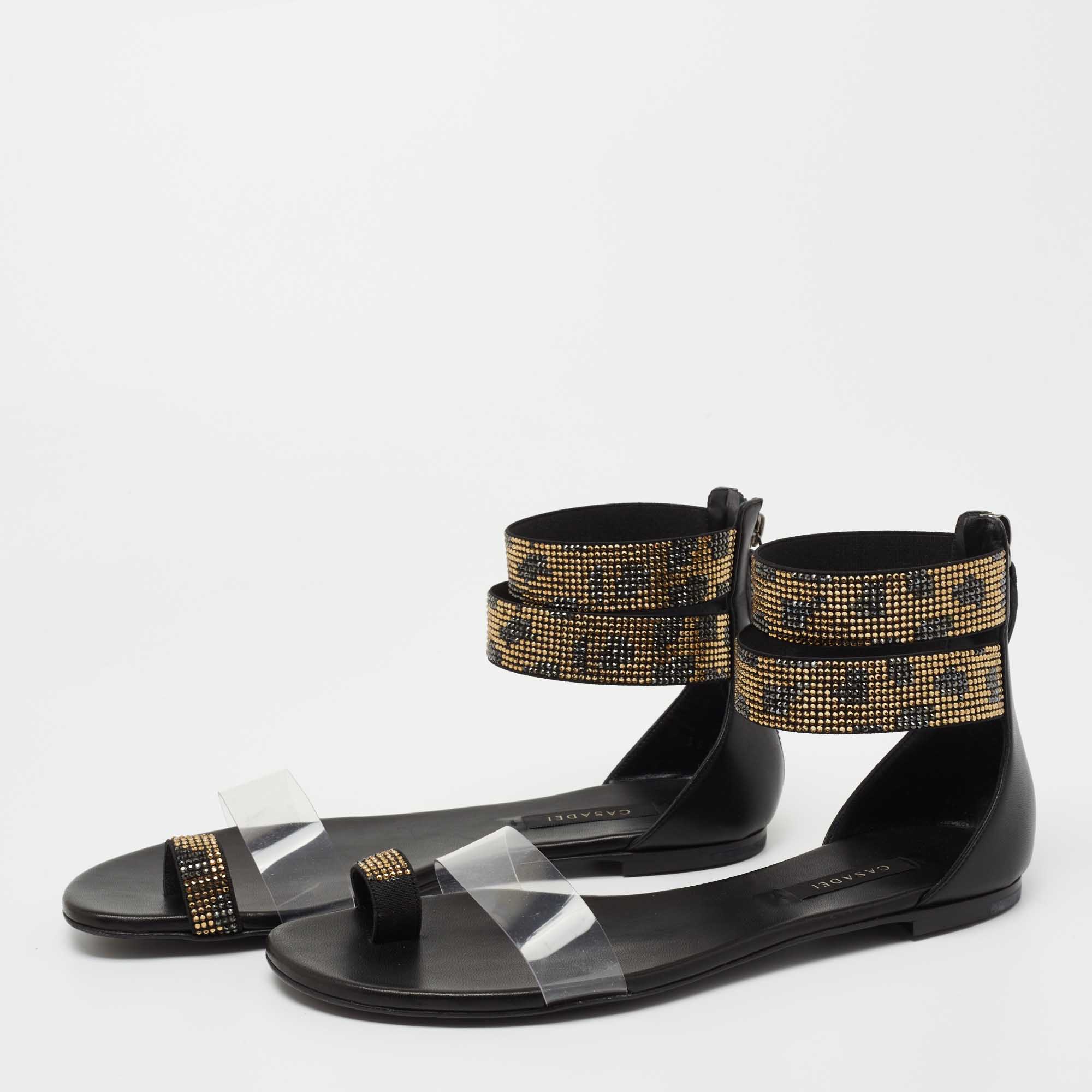 

Casadei Gold/Black Leather And PVC Crystal Embellished Ankle Strap Flat Sandals Size
