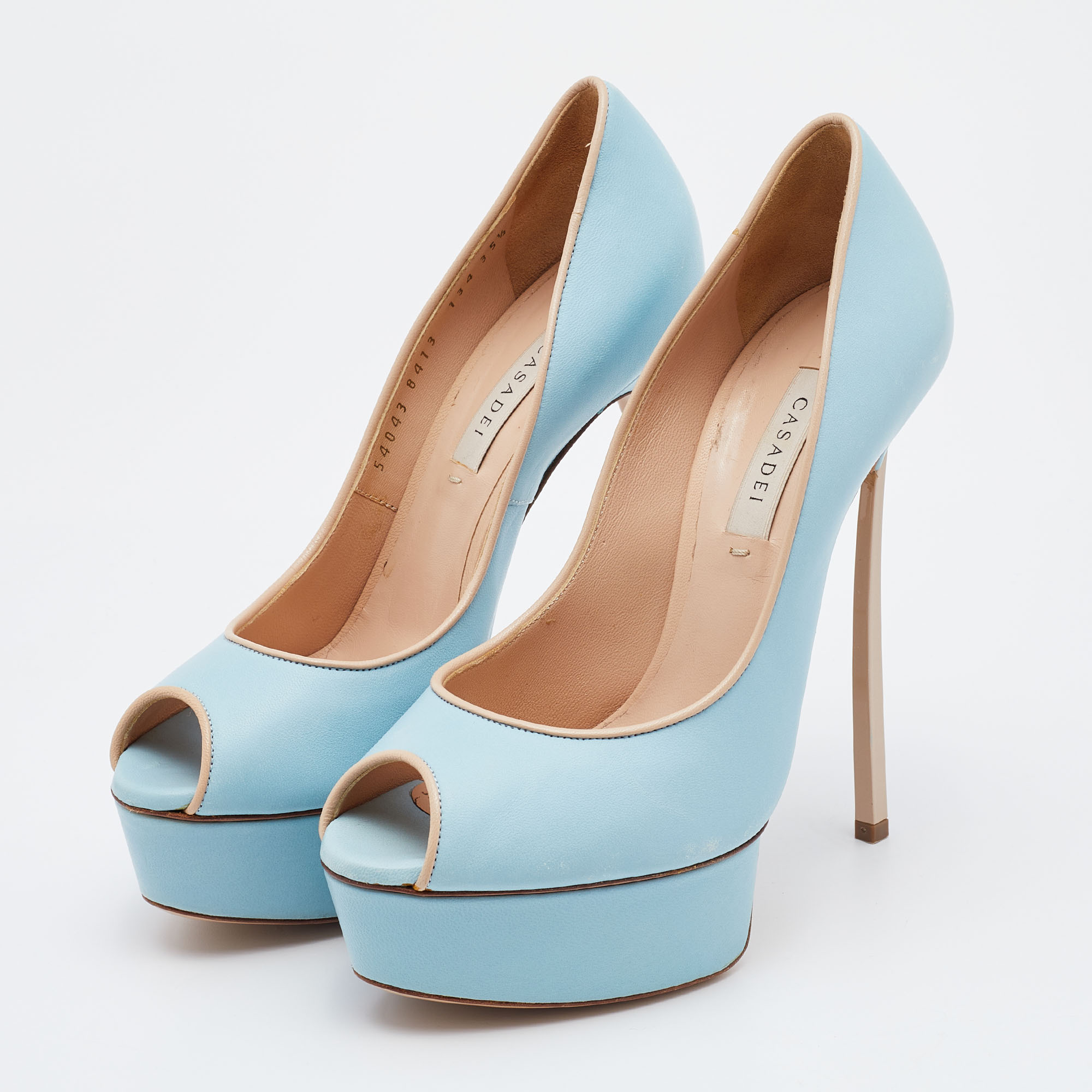 

Casadei Blue/Beige Leather Peep Toe Platform Pumps Size