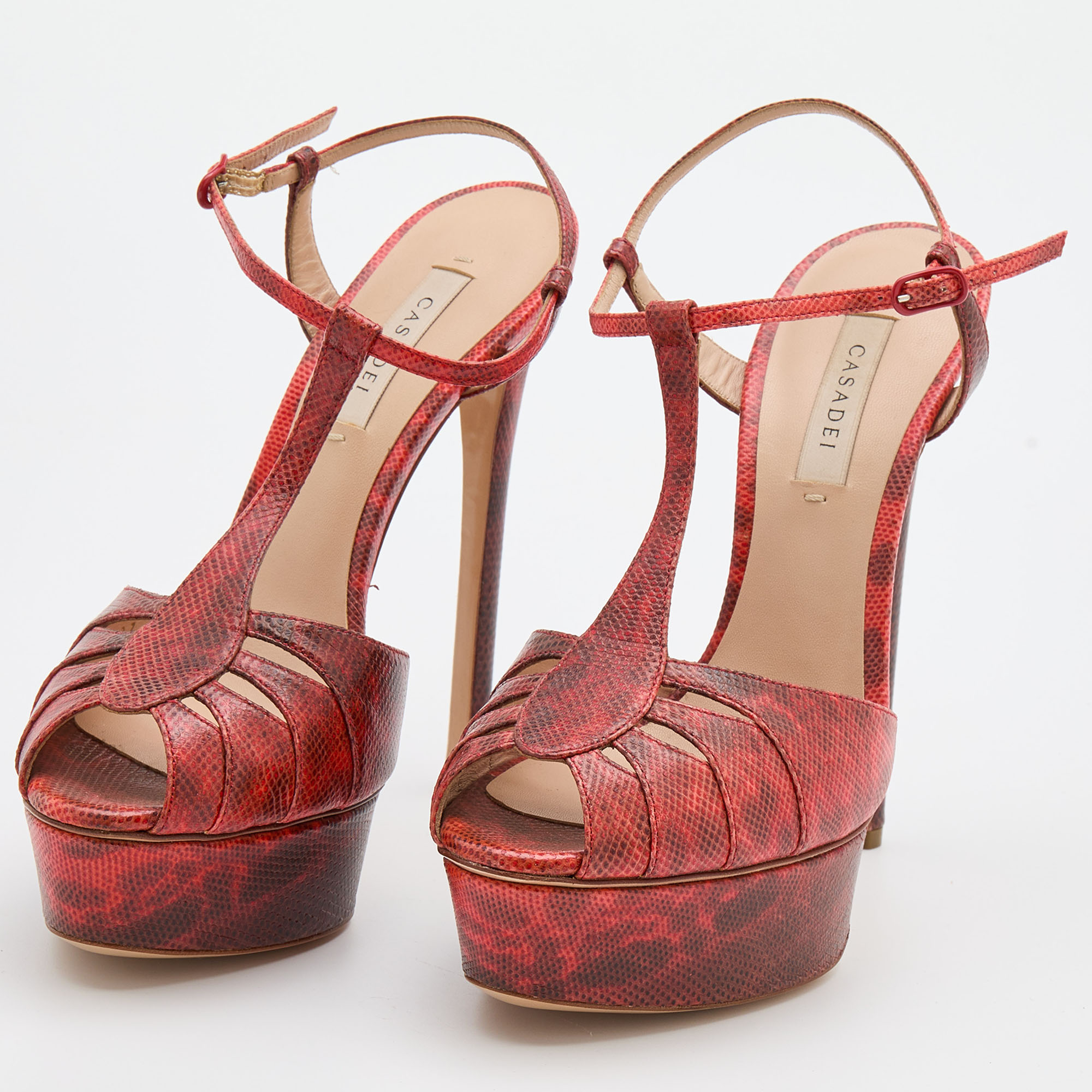 

Casadei Red Karung Leather Platform Ankle Strap Sandals Size
