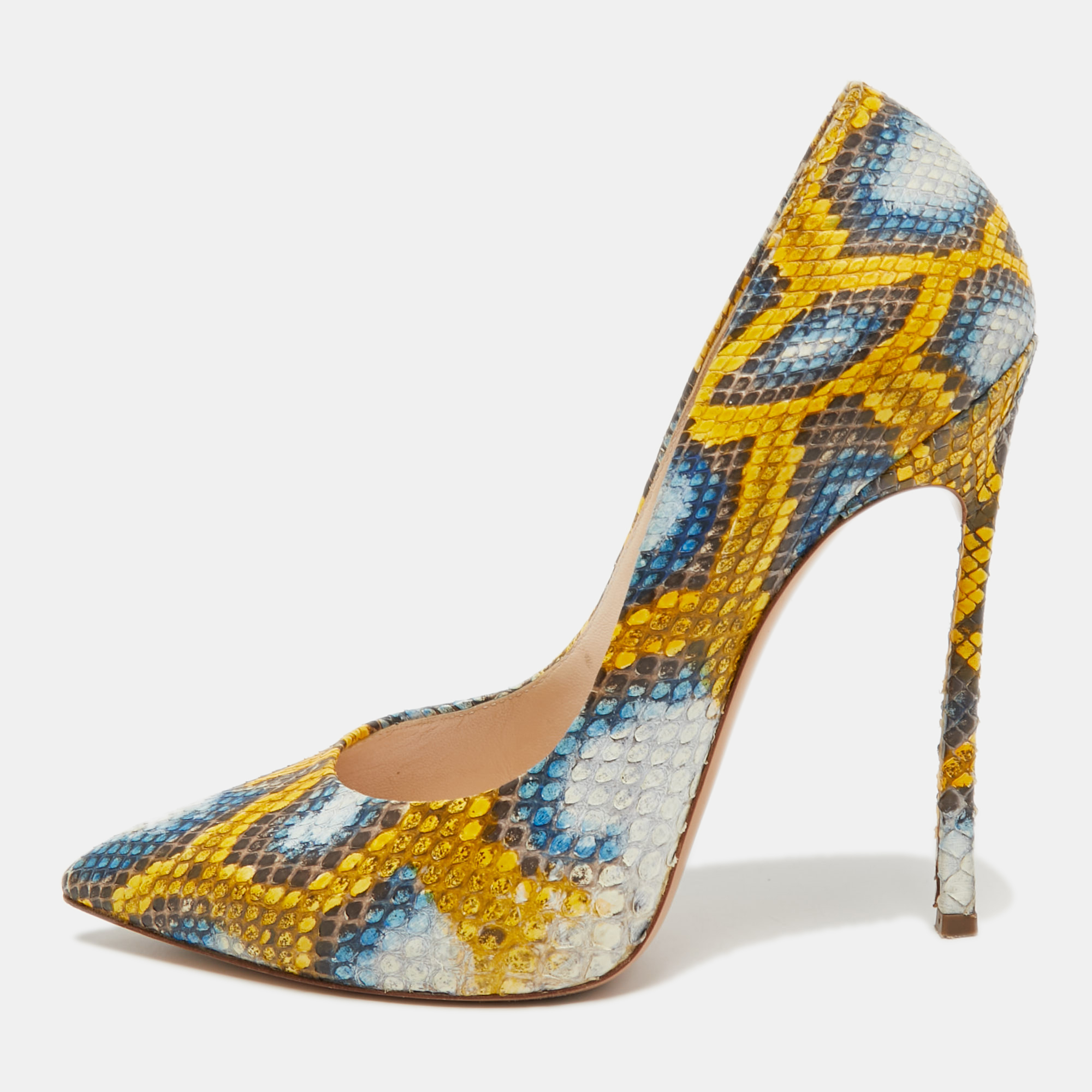 Pre Owned Casadei Tricolor Embossed Snakeskin Leather Pointed Toe Pumps Size 38