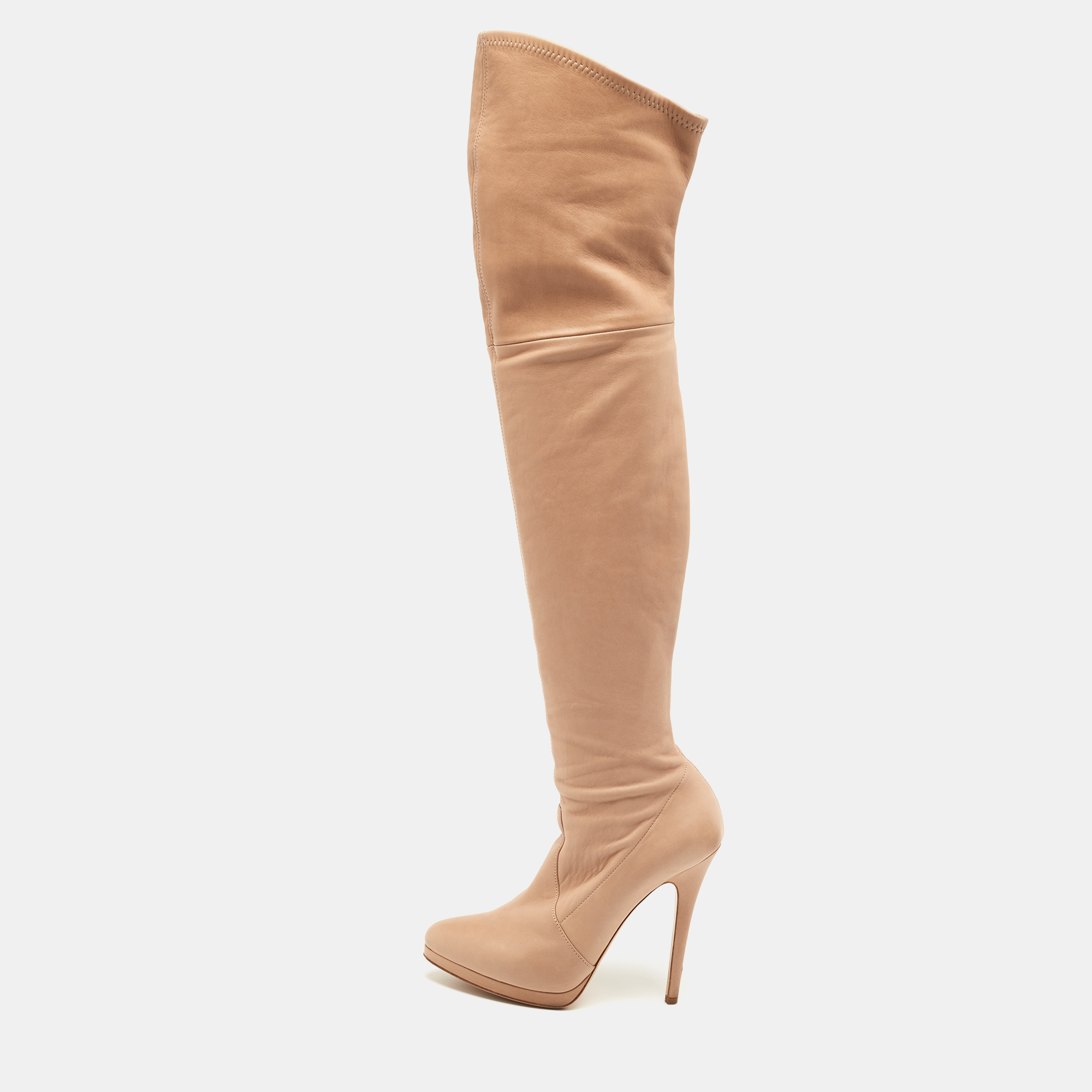 Pre-owned Casadei Beige Leather Over The Knee Boots Size 37.5