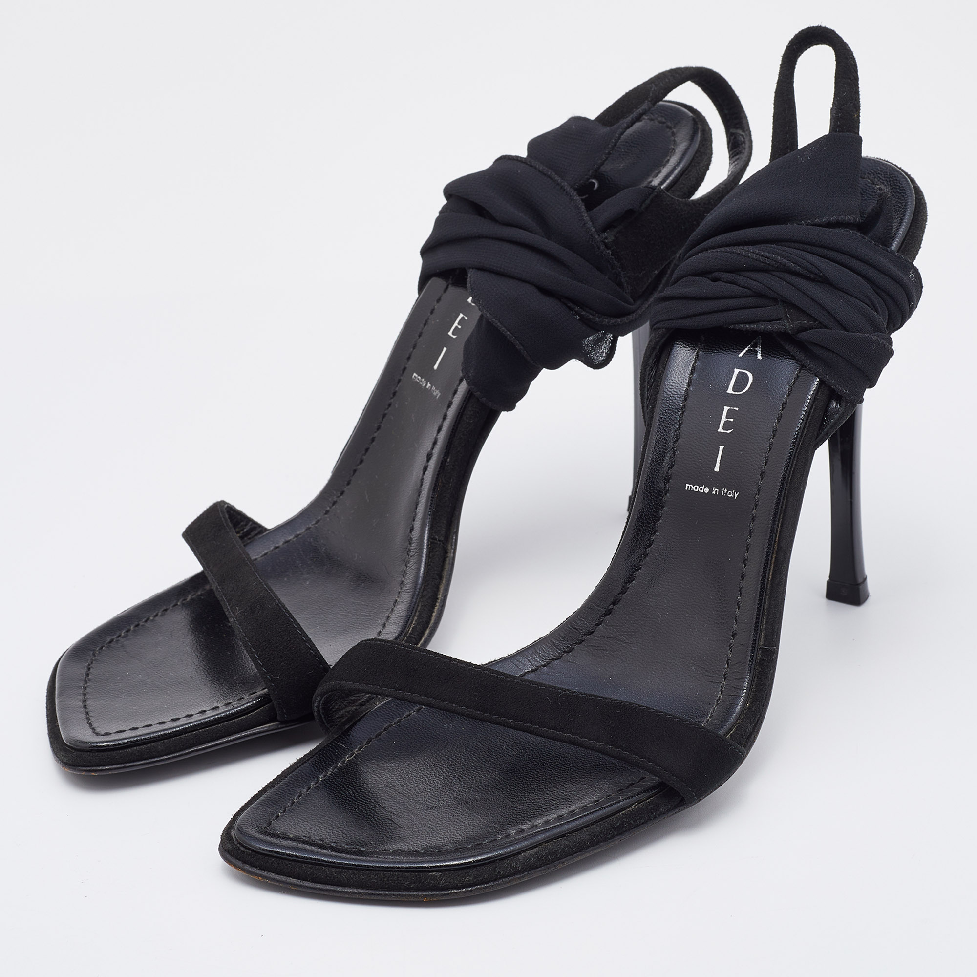 

Casadei Black Suede and Fabric Ankle Wrap Sandals Size
