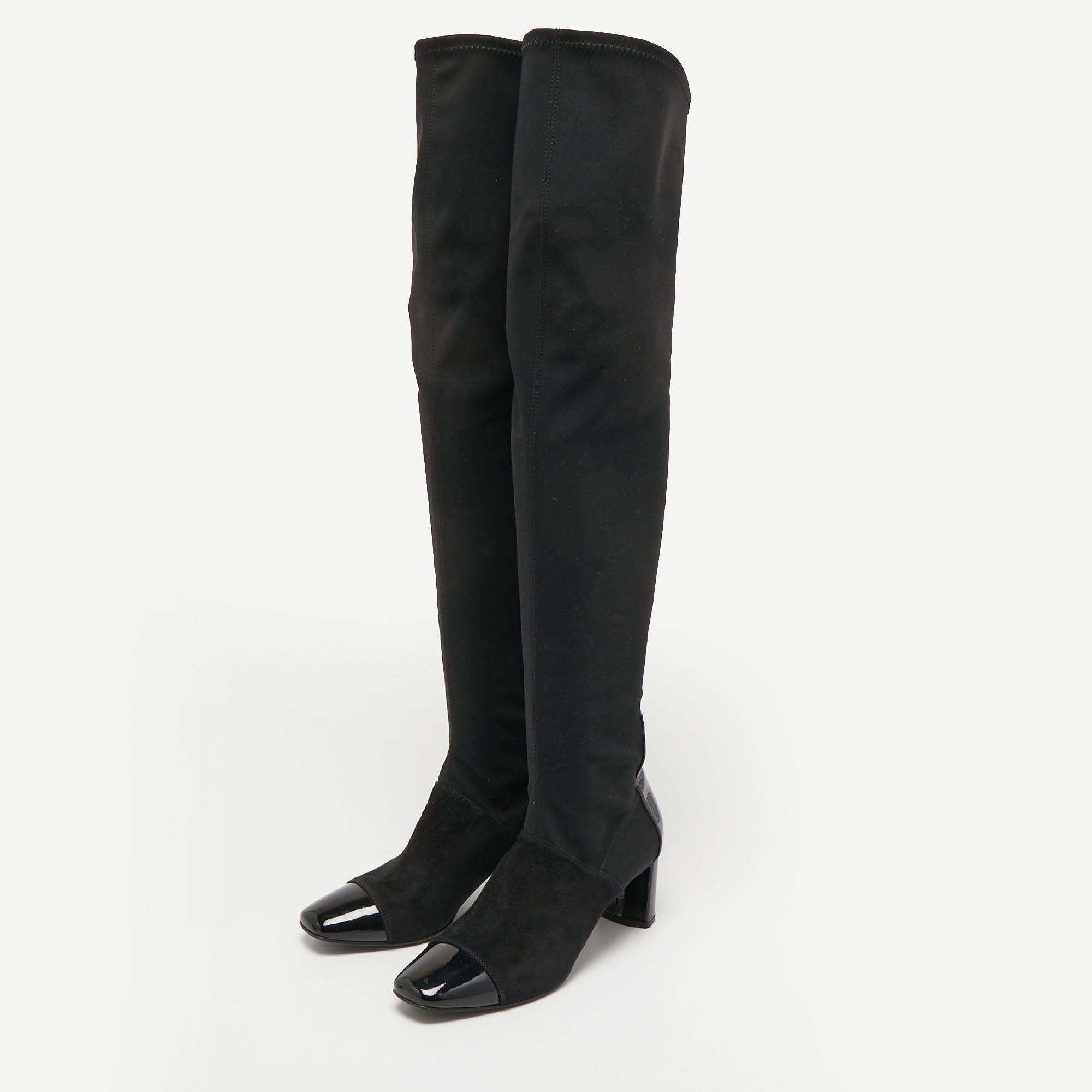 

Casadei Black Paten and Suede Square Toe Knee Length Boots Size