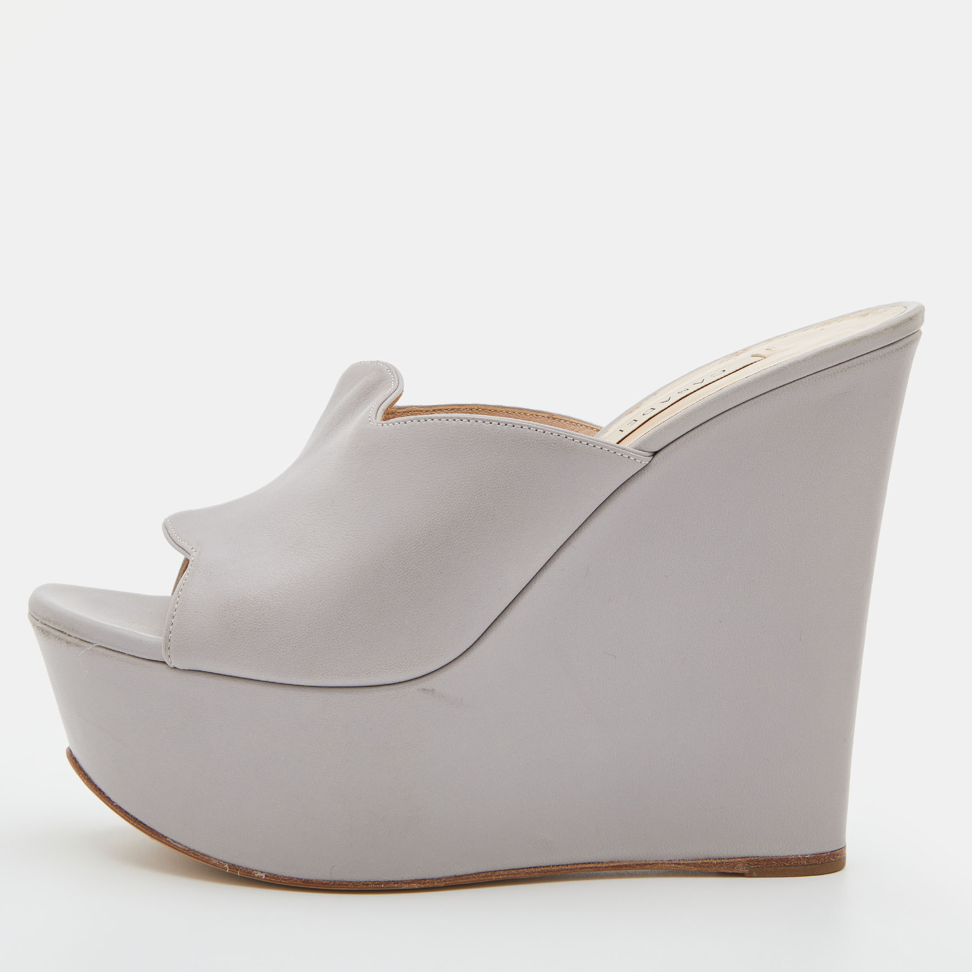Pre-owned Casadei Grey Leather Platform Wedge Slide Sandals Size 38.5