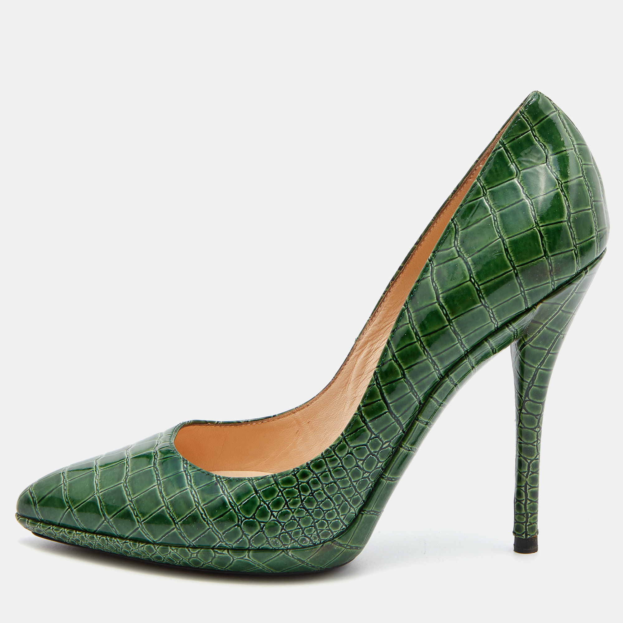 Pre-owned Casadei Green Croc Embossed Patent Leather Pointed Toe Pumps Size 38.5