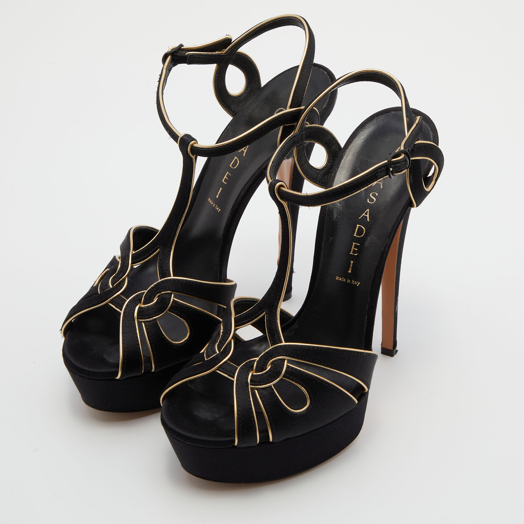 

Casadei Black/Gold Satin and Leather Platform Sandals Size