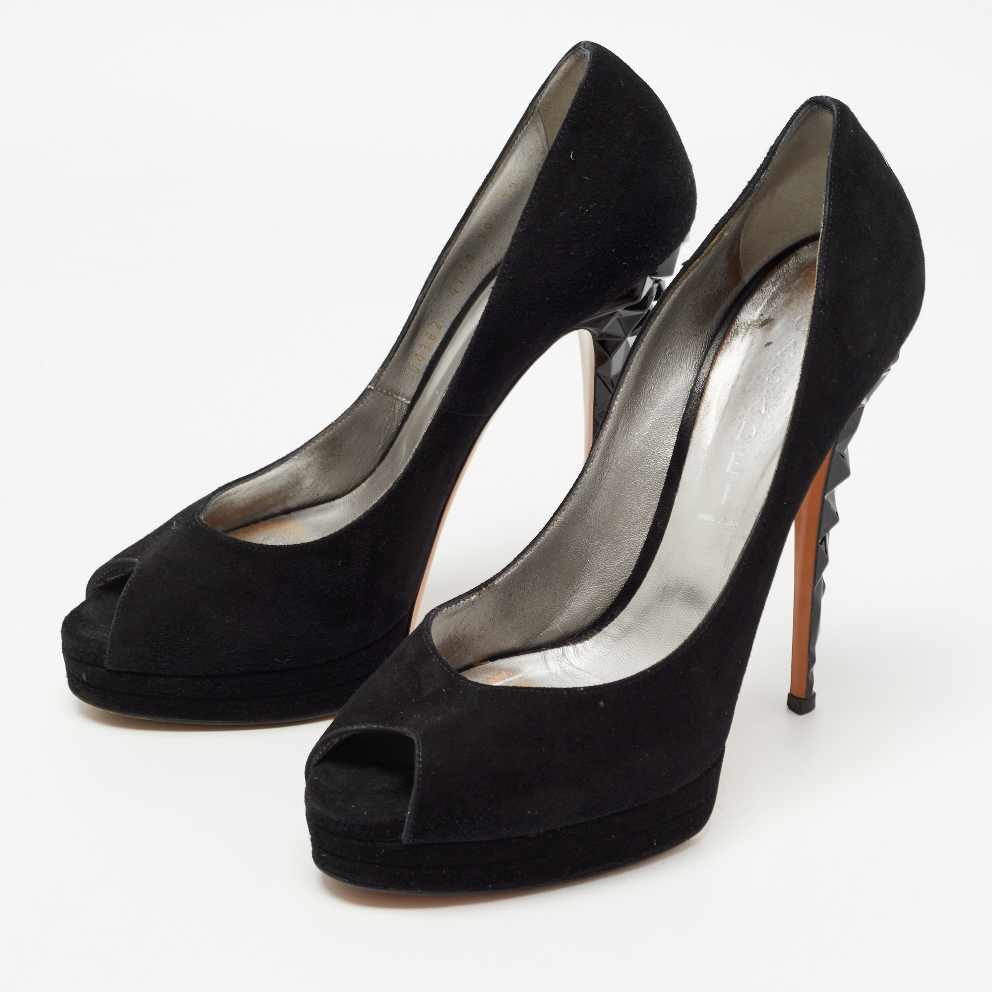 

Casadei Black Suede Peep Toe Platform Pumps Size