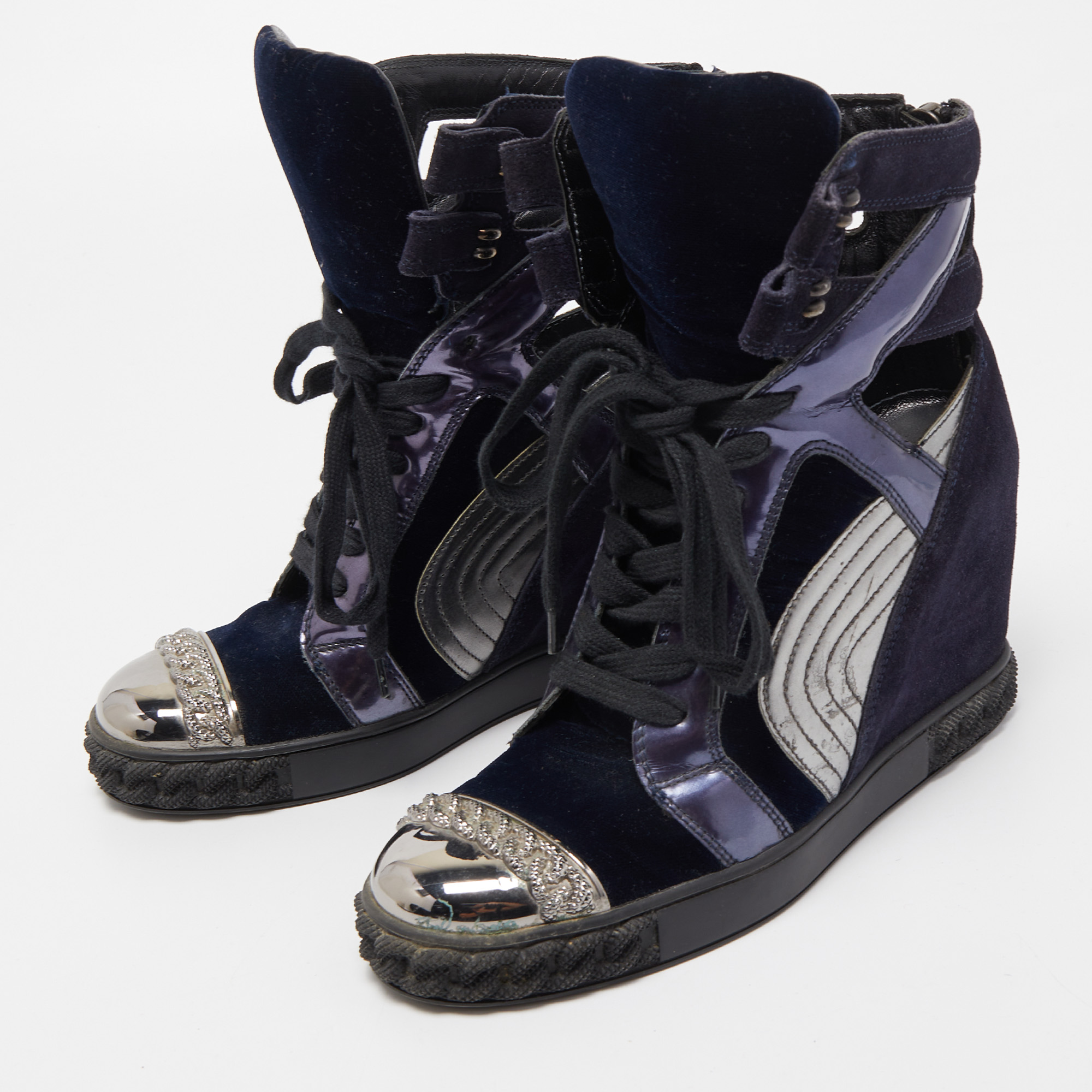 

Casadei Tricolor Suede and Leather High Top Wedge Sneakers Size, Purple