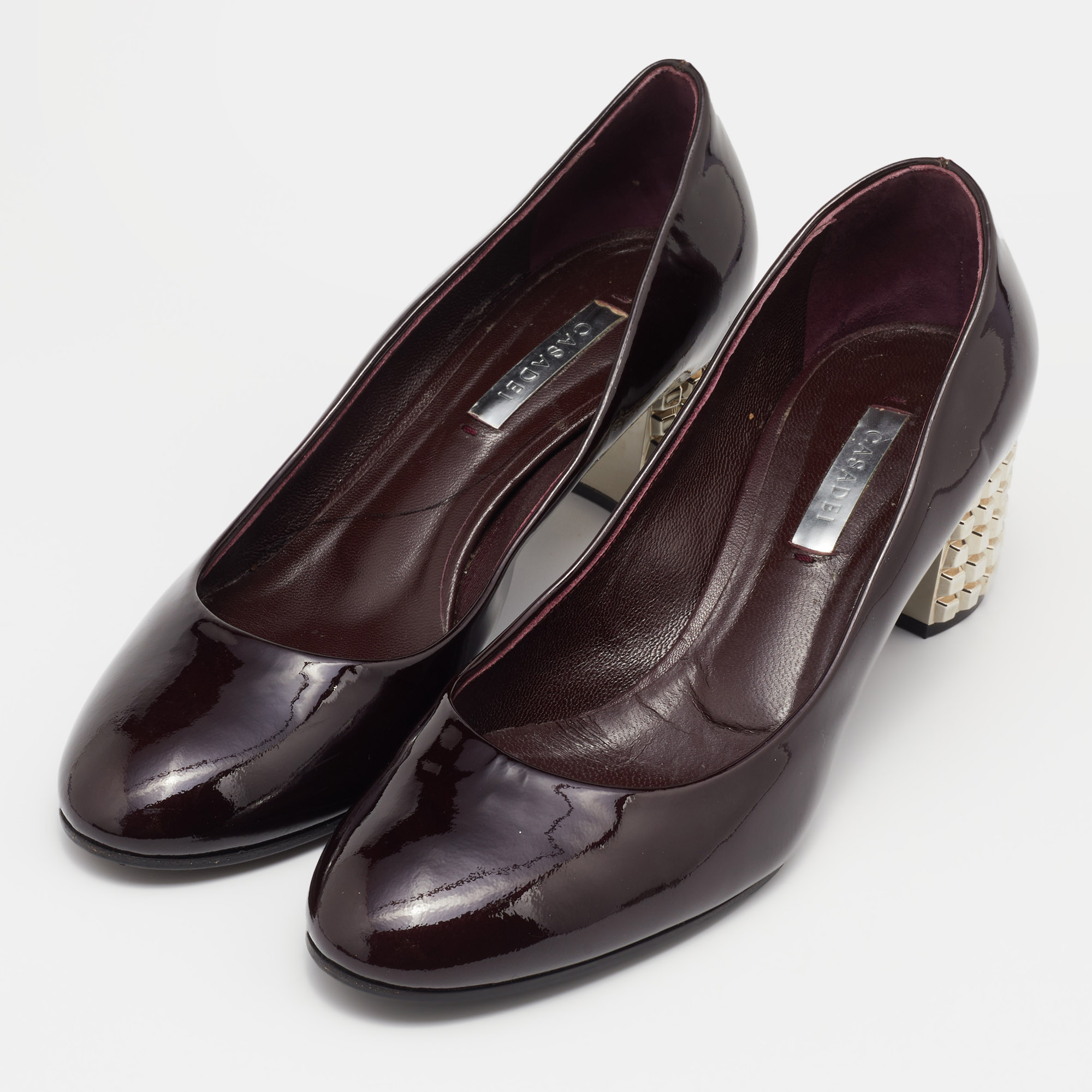 

Casadei Burgundy Patent Block Heel Pumps Size