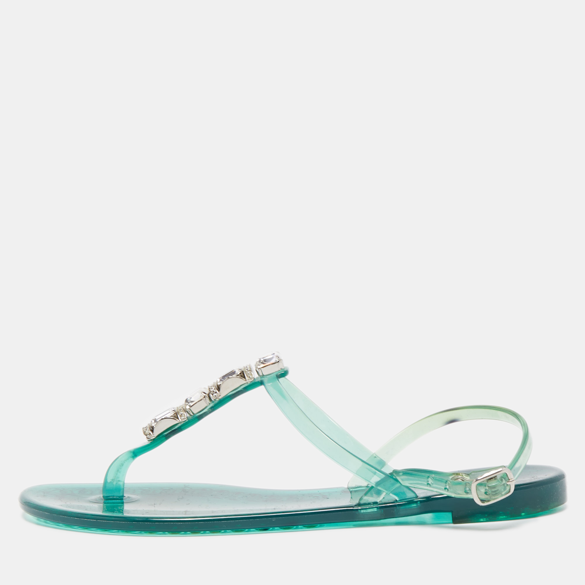 Pre-owned Casadei Green Rubber Slingback Flat Sandals Size 37
