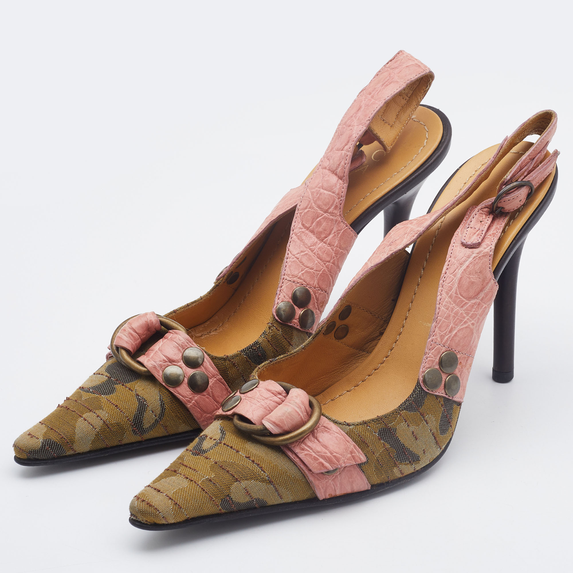 

Casadei Pink/Olive Green Croc Embossed Leather and Camo Print Canvas Slingback Pumps Size