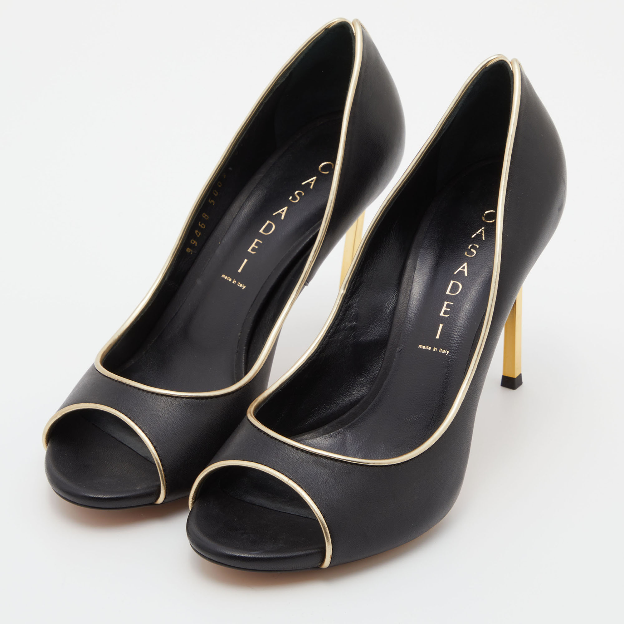 

Casadei Black/Gold Leather Open Toe Blade Heel Pumps Size