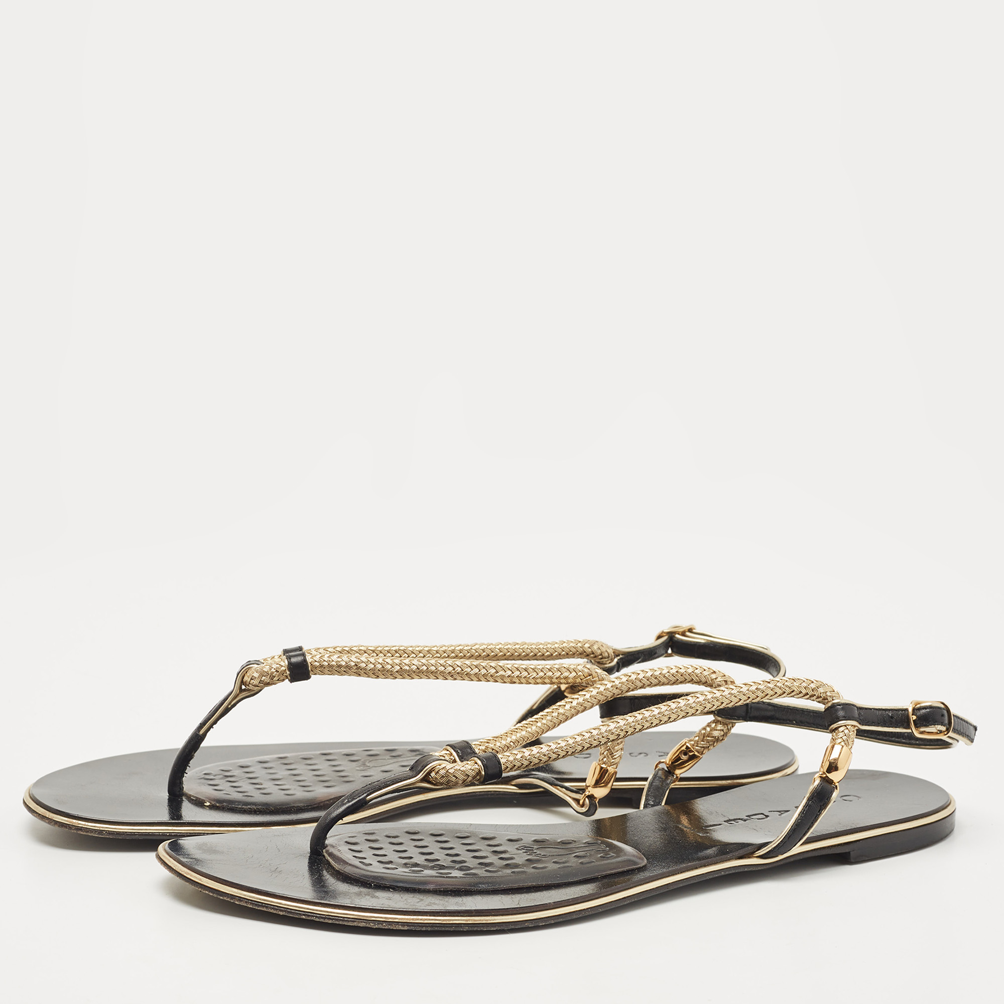 

Casadei Gold/Black Leather and Fabric Flat Thong Sandals Size