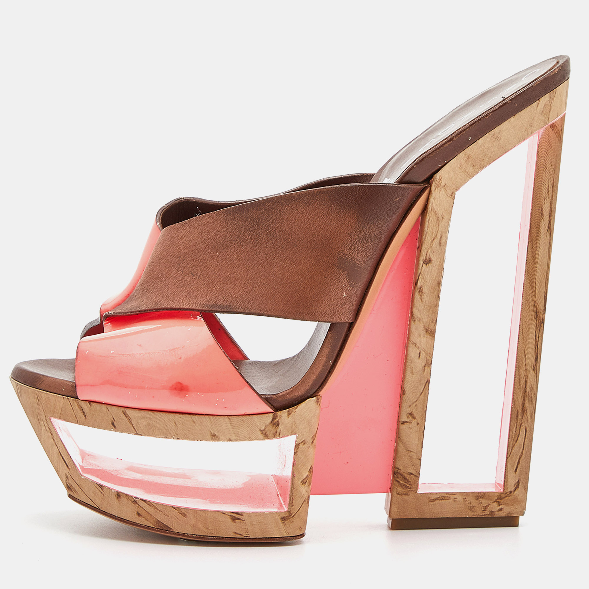 

Casadei Brown/Orange Leather and Patent Wedge Platform Slide Sandals Size