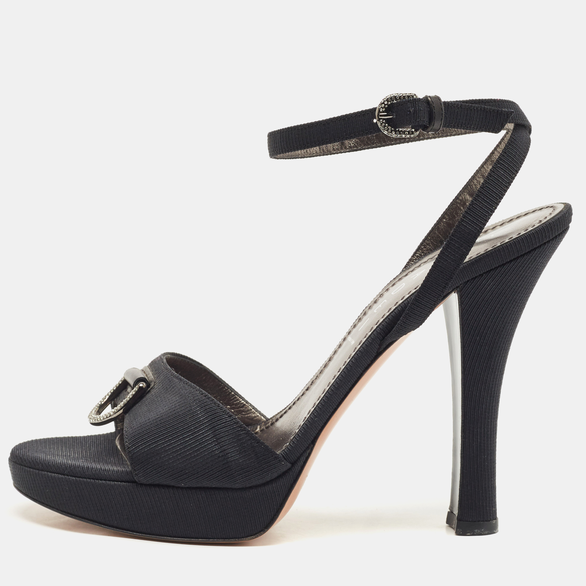 Pre-owned Casadei Black Grosgrain Fabric Crystal Embellished Platform Ankle Strap Sandals Size 36
