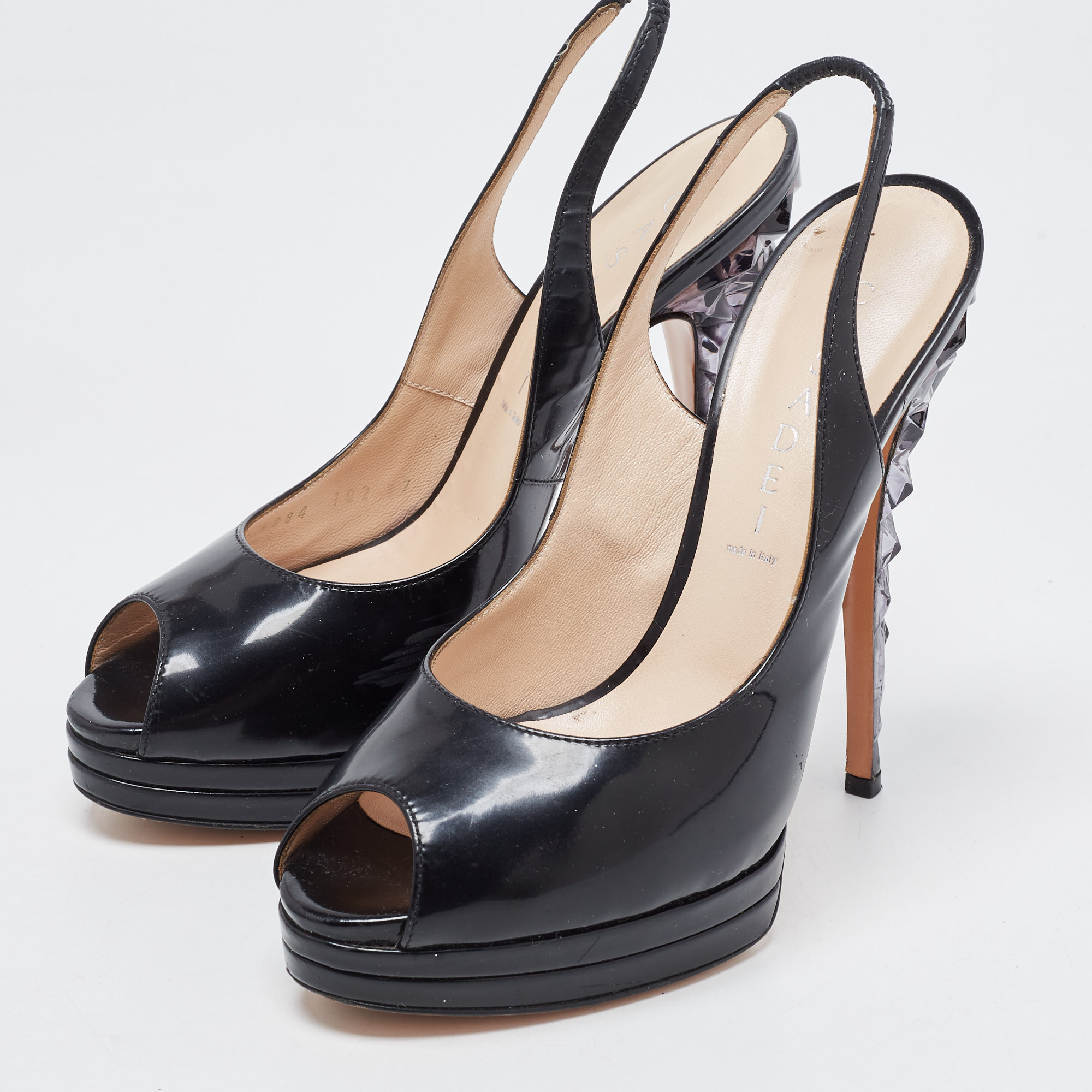 

Casadei Black Patent Leather Peep Toe Platform Slingback Pumps Size