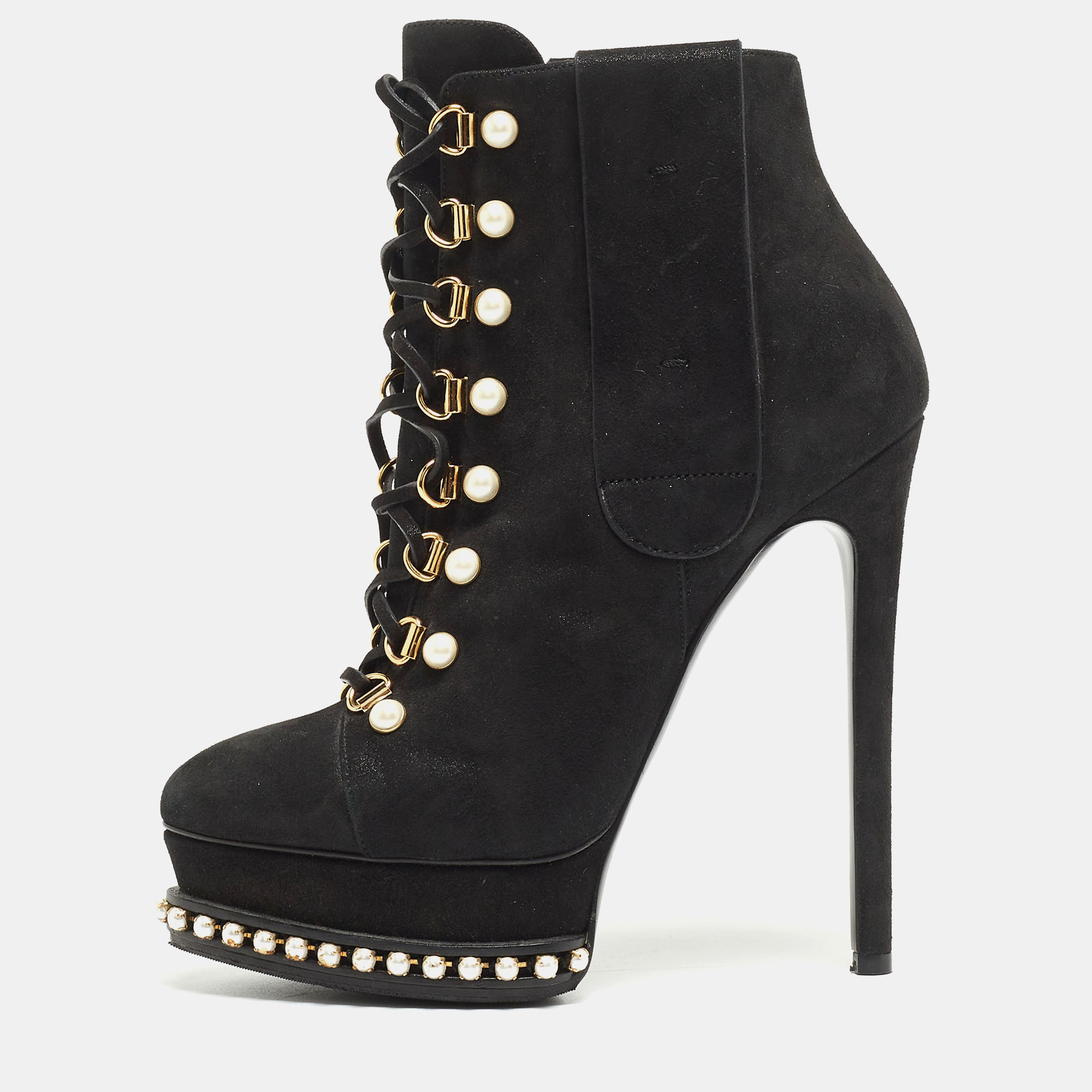 

Casadei Black Laminated Suede Pearl Embellished Platform Lace Up Booties Size
