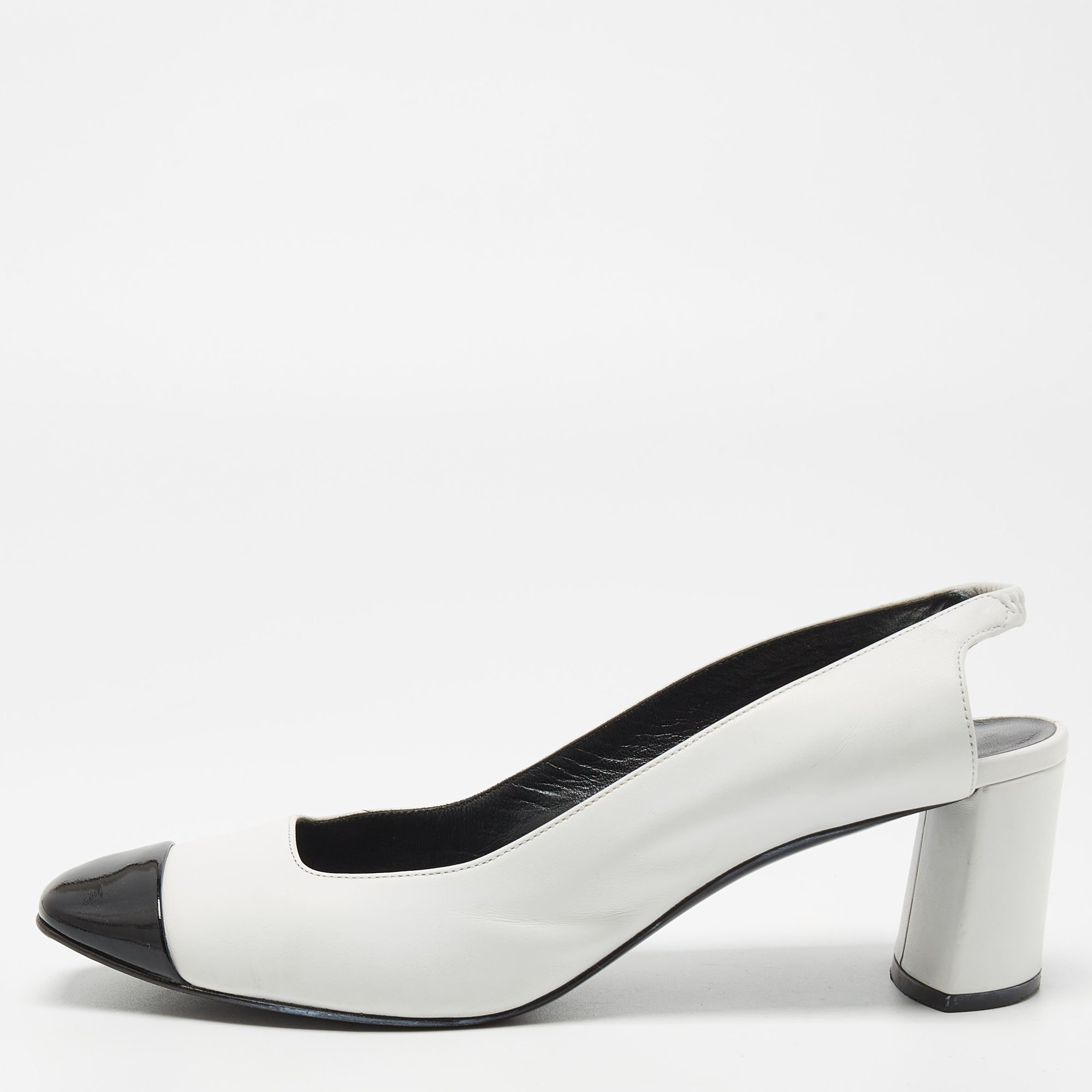 

Casadei White/Black Leather and Patent Square Cap Toe Slingback Pumps Size