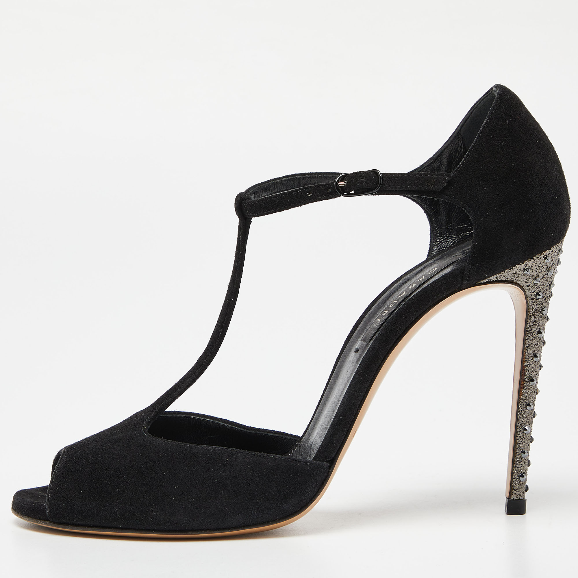 

Casadei Black Suede Crystal Embellished Heel Ankle Wrap Sandals Size
