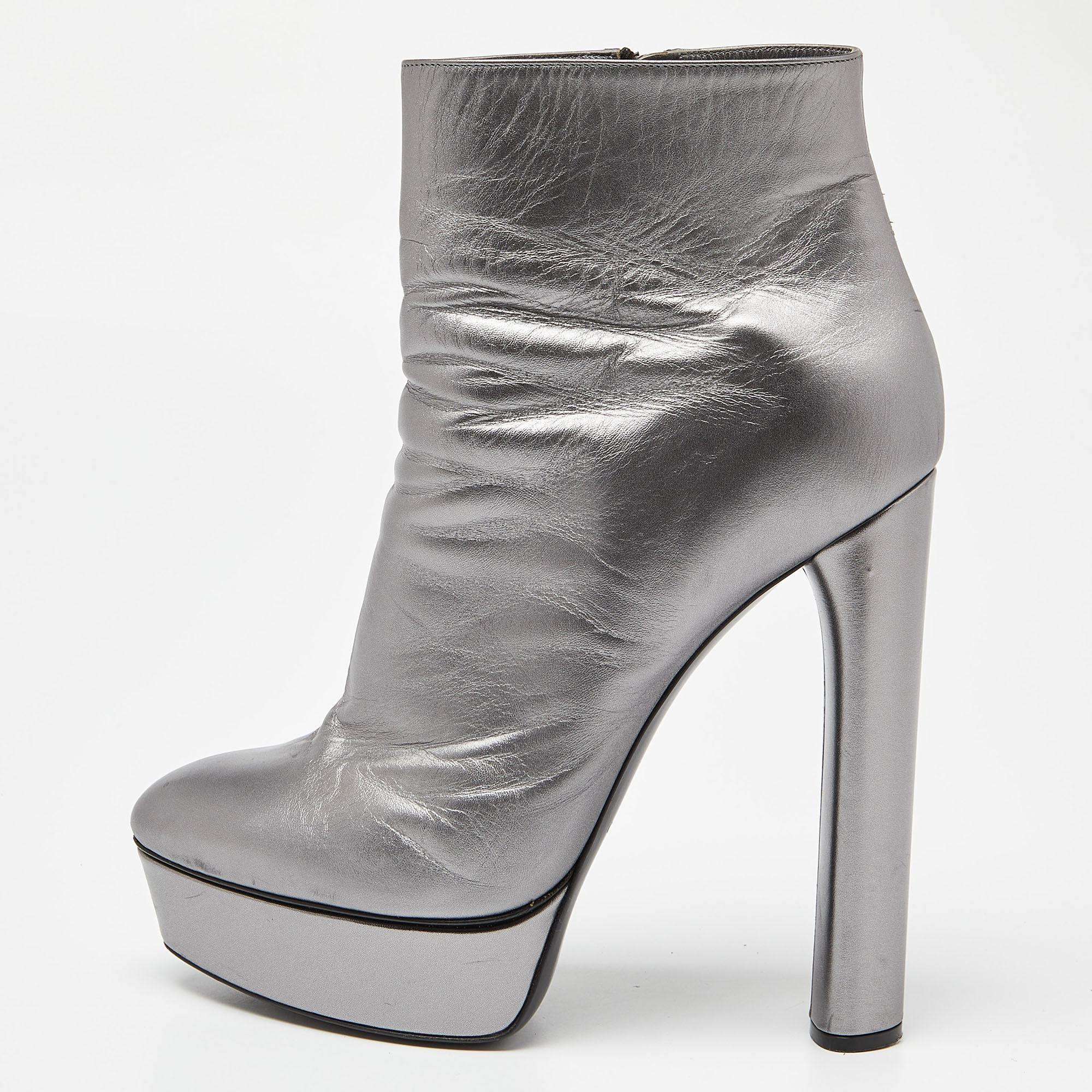 Pre-owned Casadei Metallic Silver Leather Ankle Boots Size 40