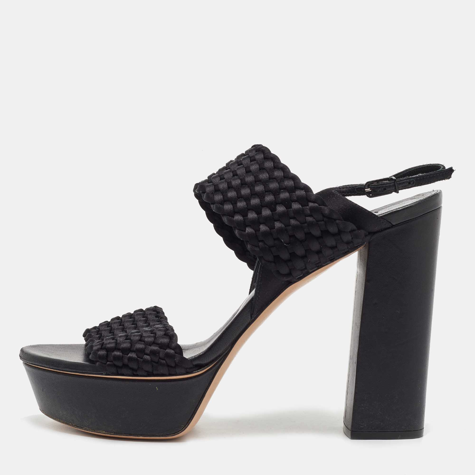 

Casadei Black Woven Satin and Fabric Platform Ankle Strap Sandals Size