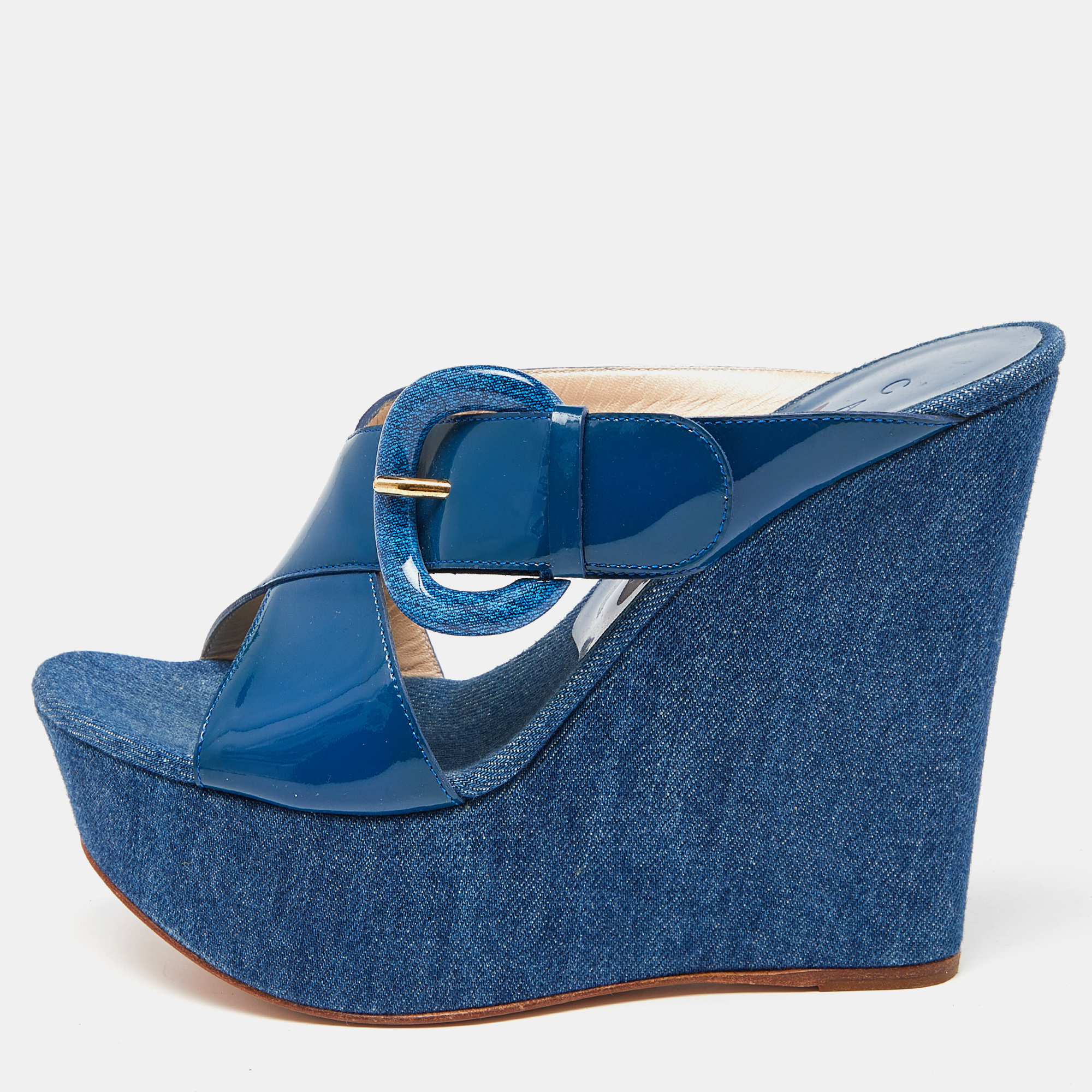 Pre-owned Casadei Blue Patent Leather Wedge Platform Slide Sandals Size 38