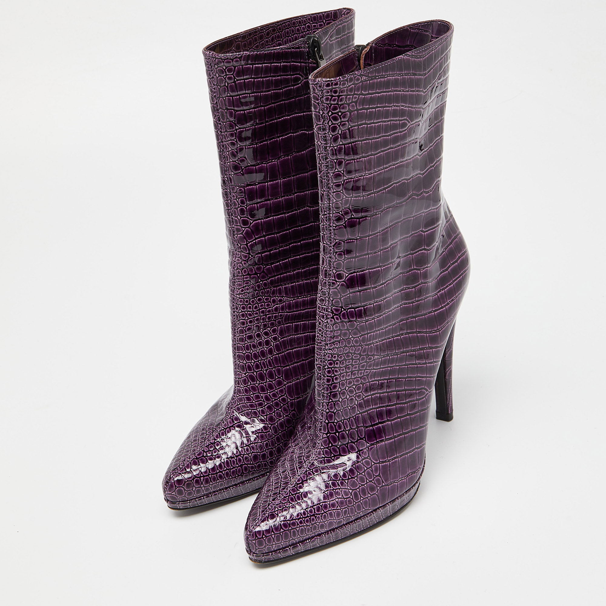 

Casadei Purple Croc Embossed Patent Leather Mid Calf Platform Boots Size